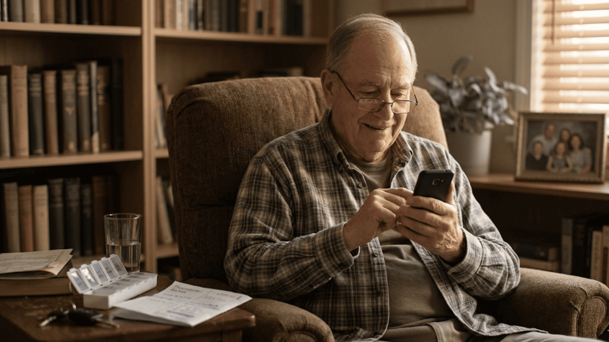 Elderly man in reading glasses smiles while reading a text reply at home