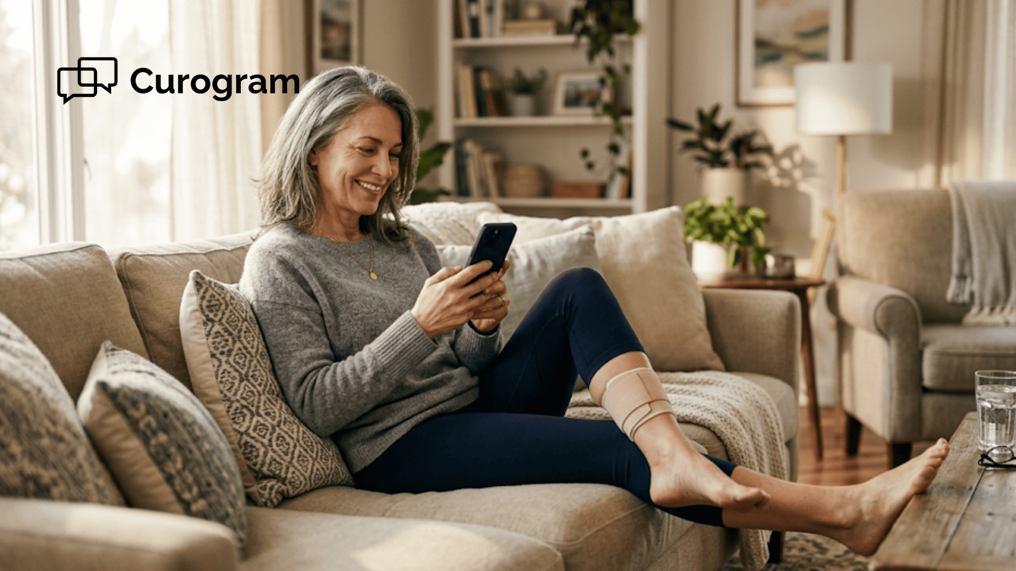 Vascular patient resting at home after outpatient procedure while reviewing phone