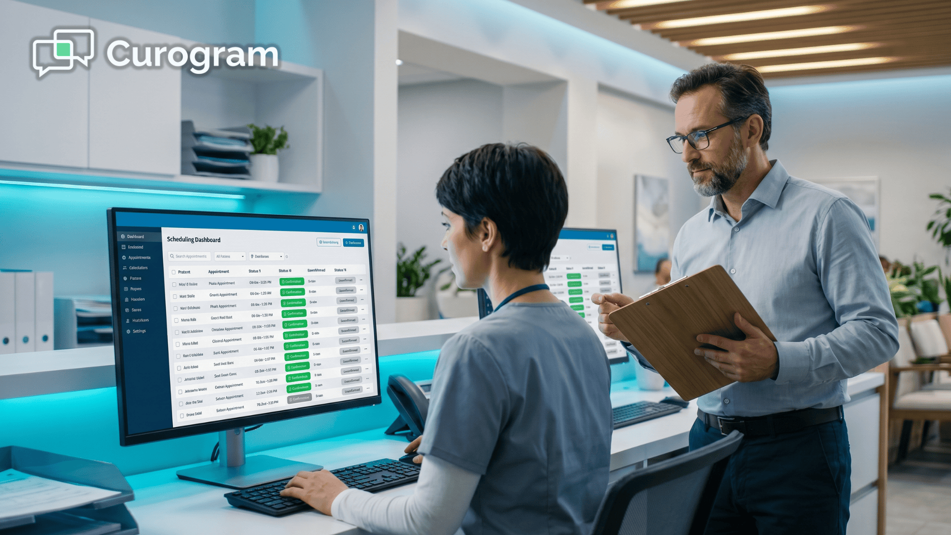 Medical front desk staff reviewing appointment confirmation statuses in Veradigm EHR scheduling software
