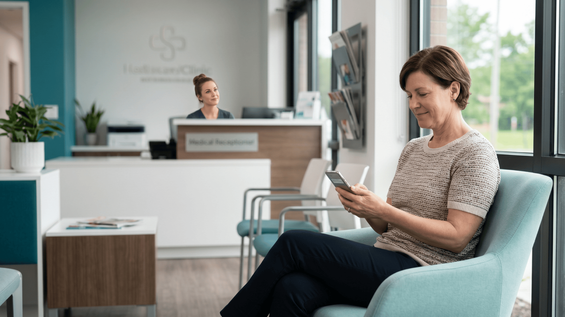 Patient confirming a medical appointment via SMS text reminder in a clinic waiting room