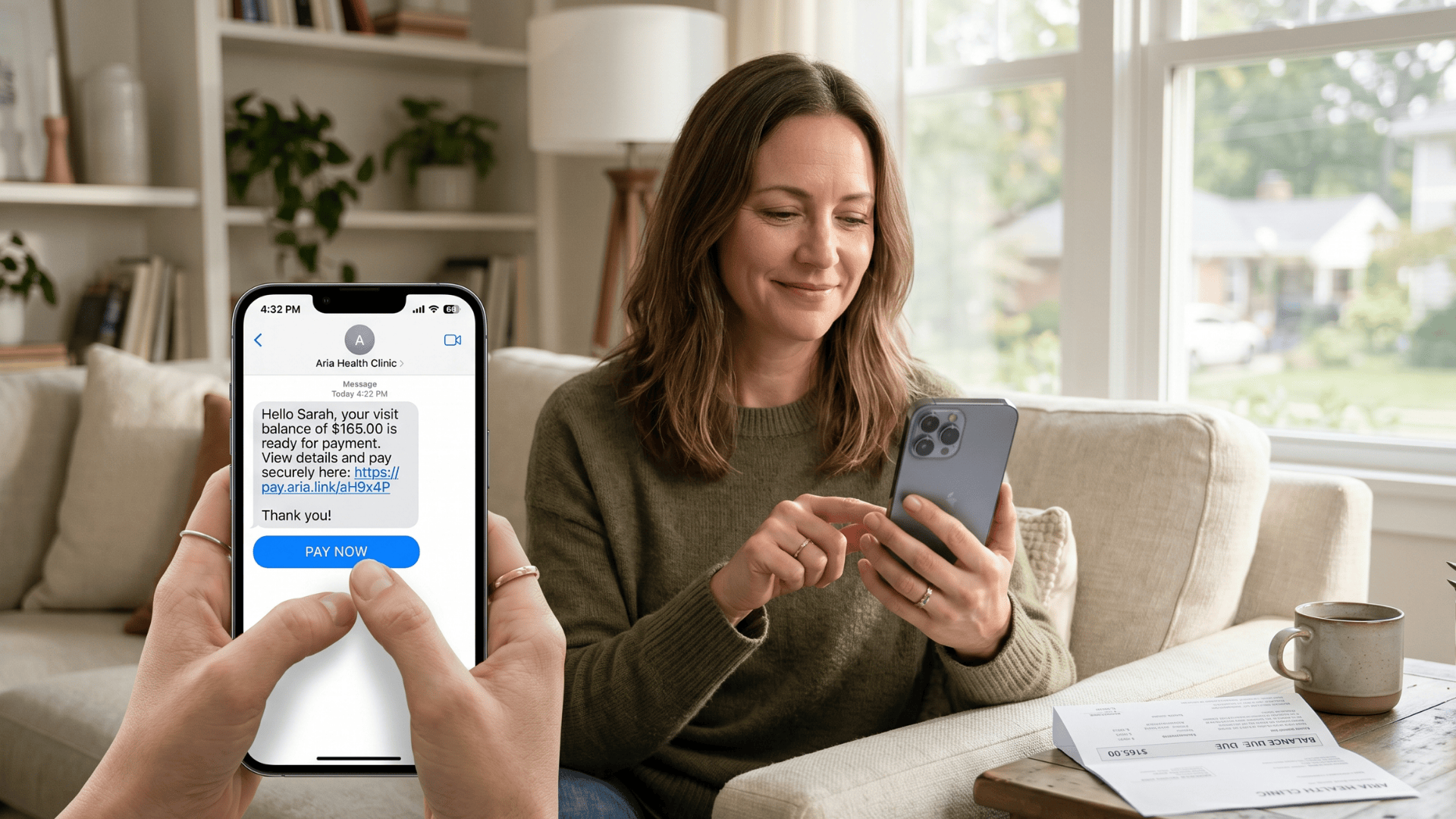 Patient tapping a secure text-to-pay link on her phone to settle a medical bill from home.