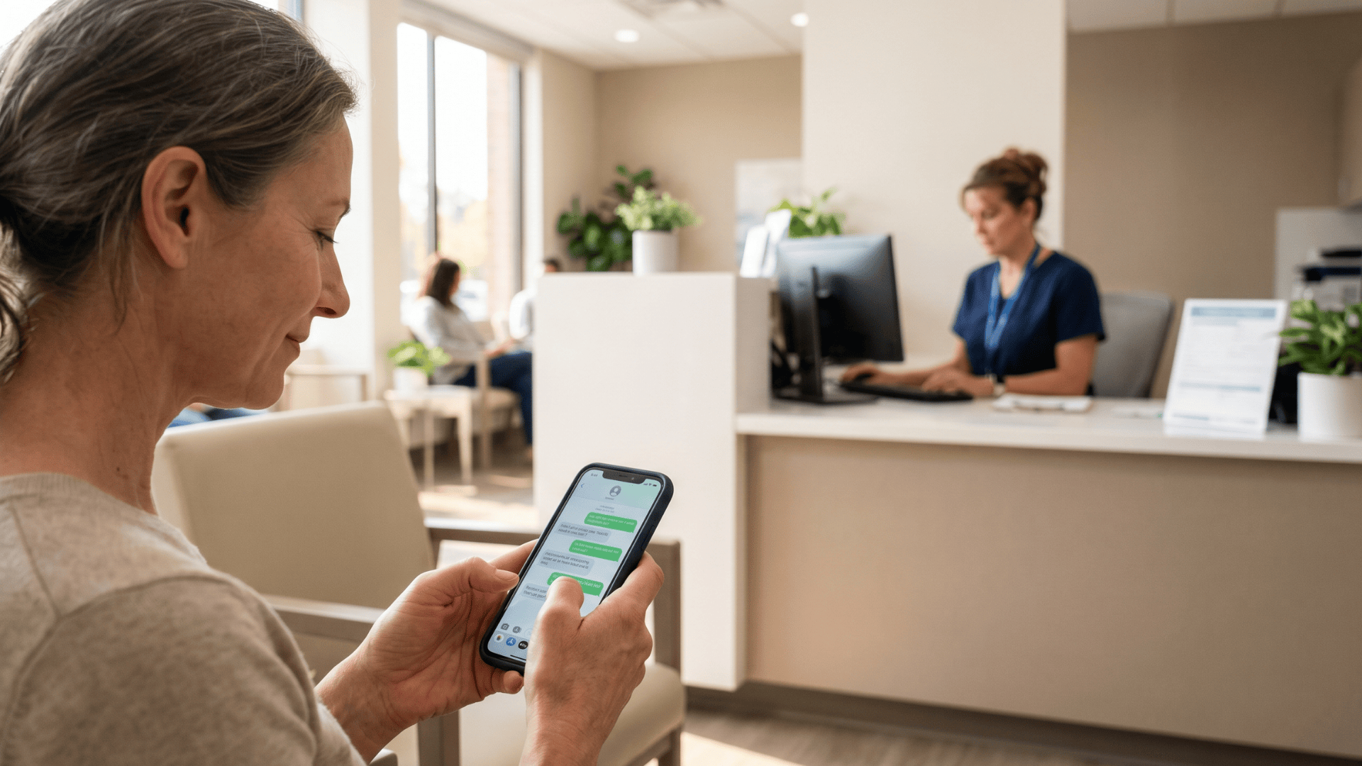 Patient reading a text reply from their medical practice in a clinic waiting room