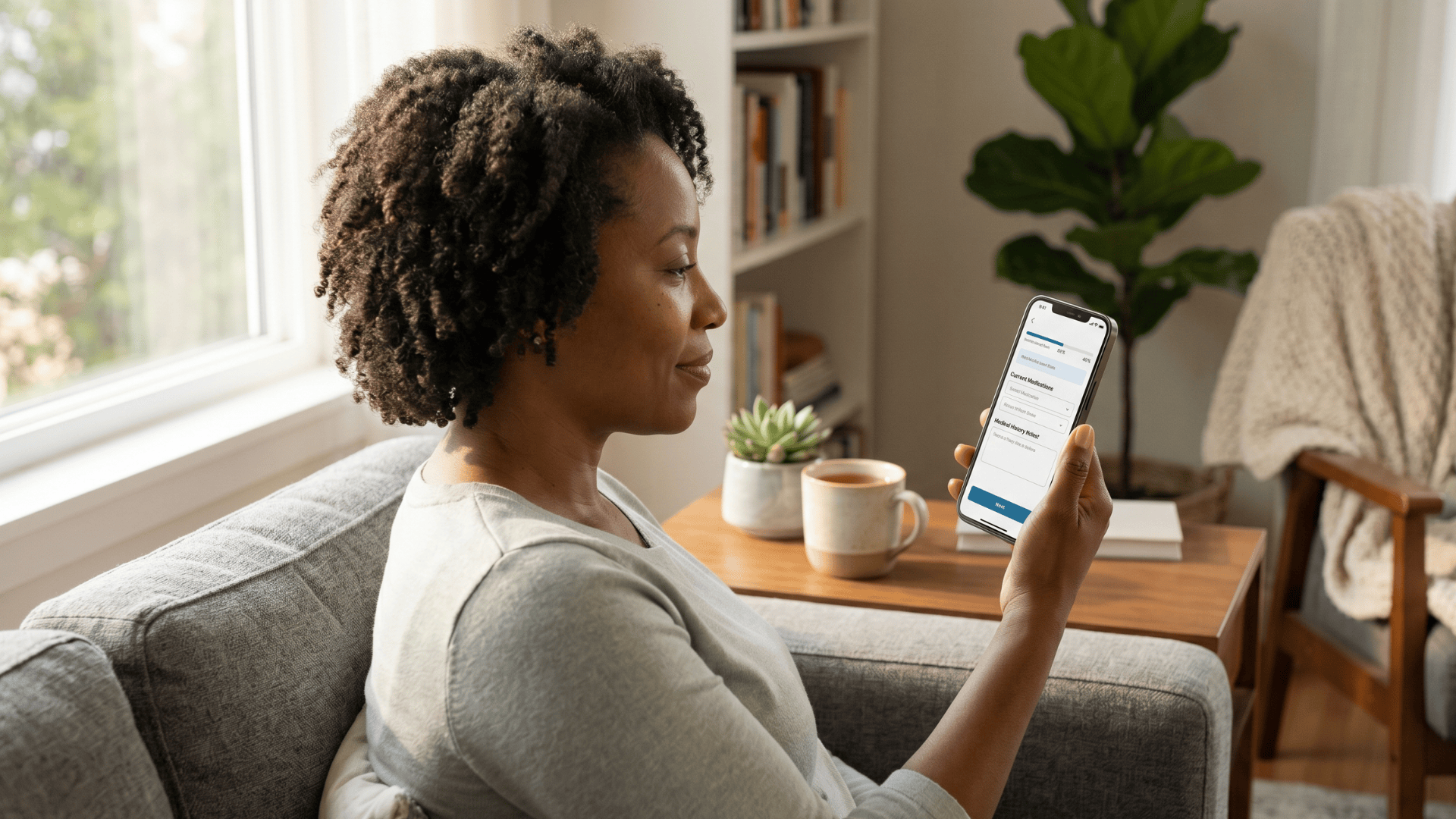 Patient completing a mobile-optimized medical intake form on a smartphone at home before appointment