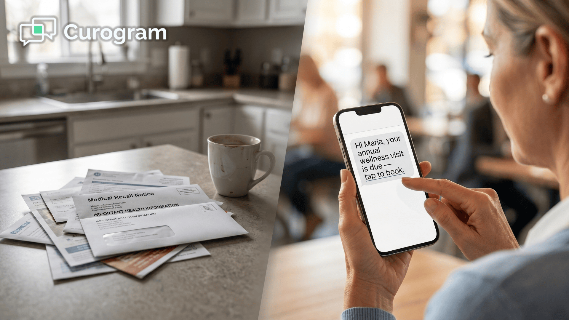 Forgotten recall letter on a counter vs. patient reading annual wellness visit text reminder.