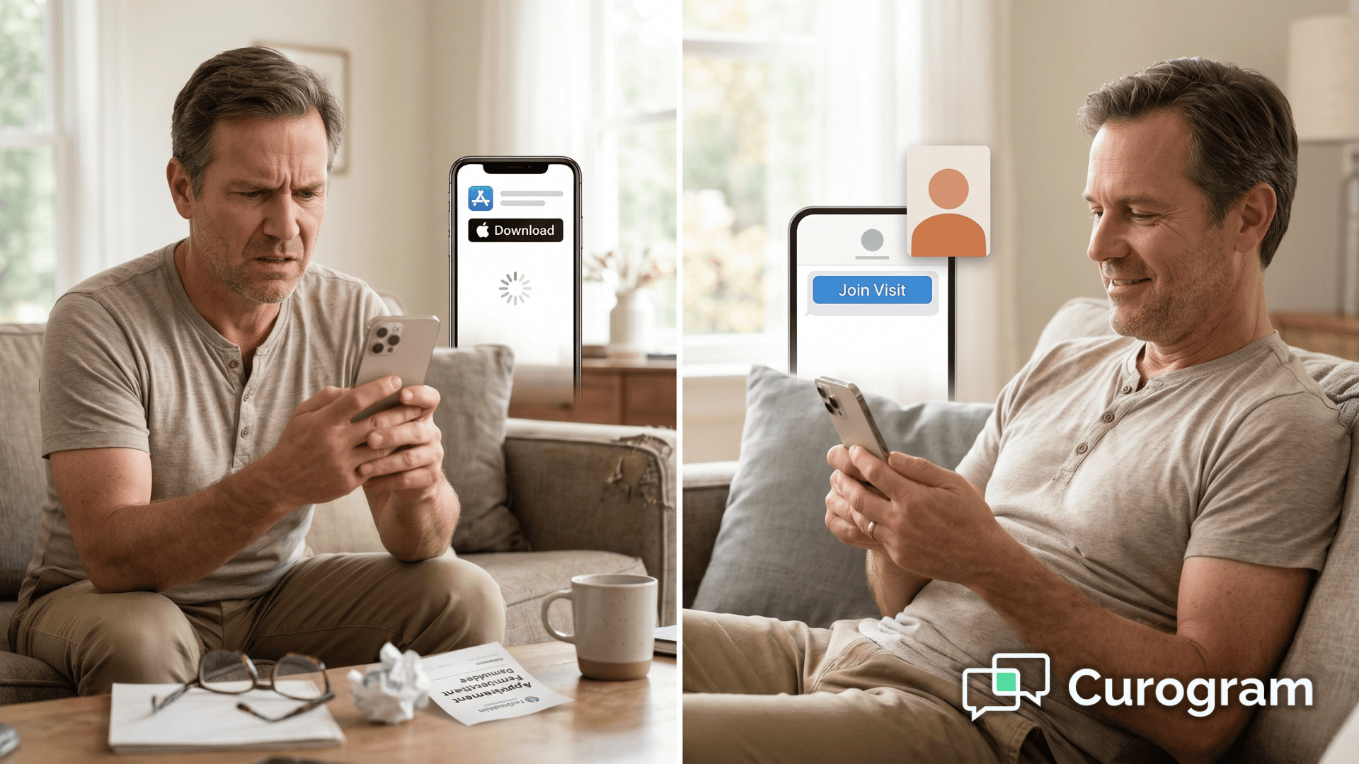 Patient frustrated with telehealth app download vs. easily joining a video visit by text link.