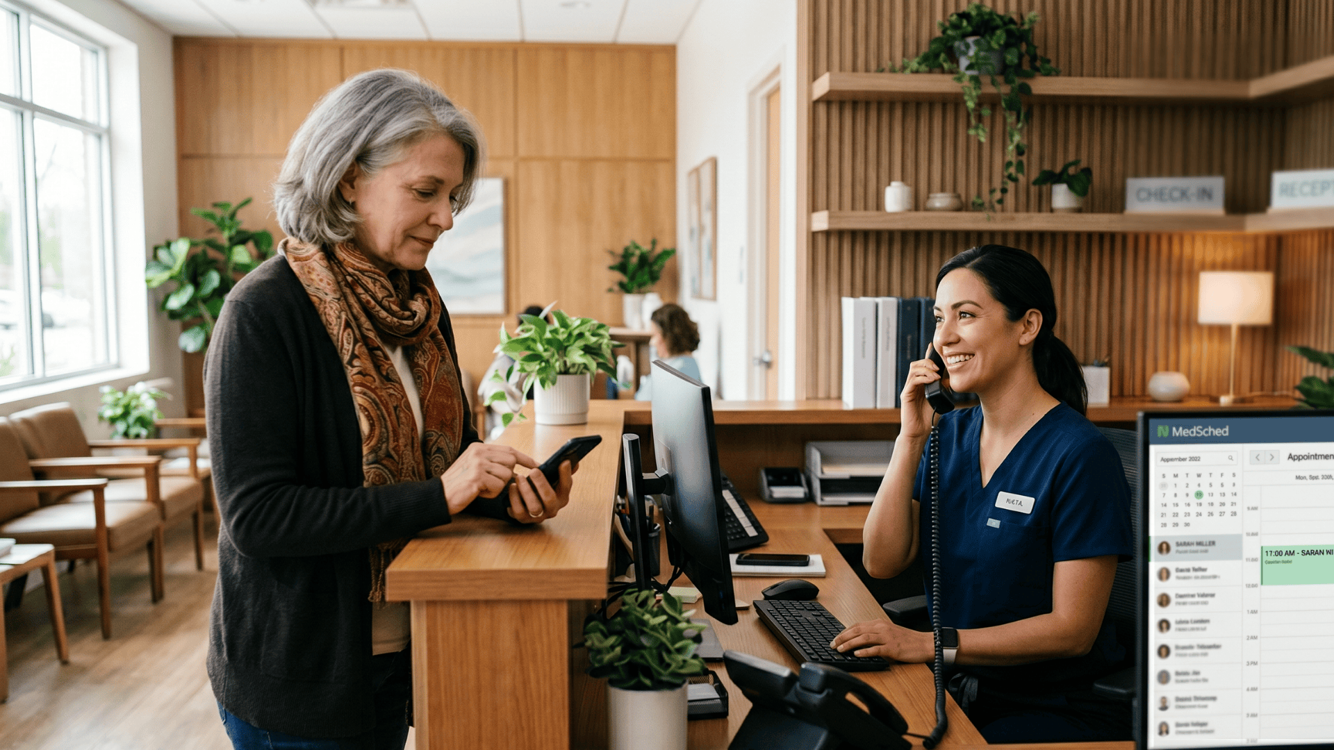 Front-desk staff helping a patient join a telehealth video visit through a simple text link.
