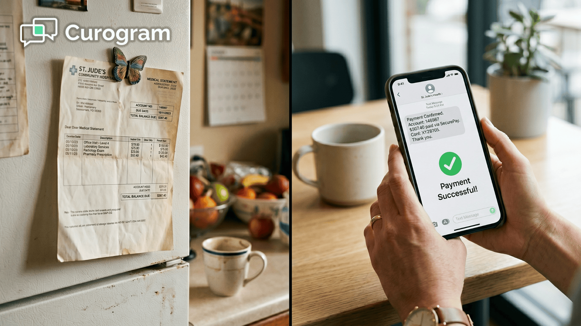 Forgotten paper medical bill on a fridge next to a smartphone showing a text-to-pay payment