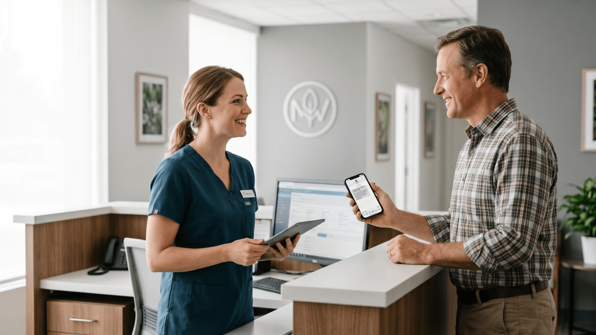 Patient at a clinic front desk viewing a text payment link from his medical provider.
