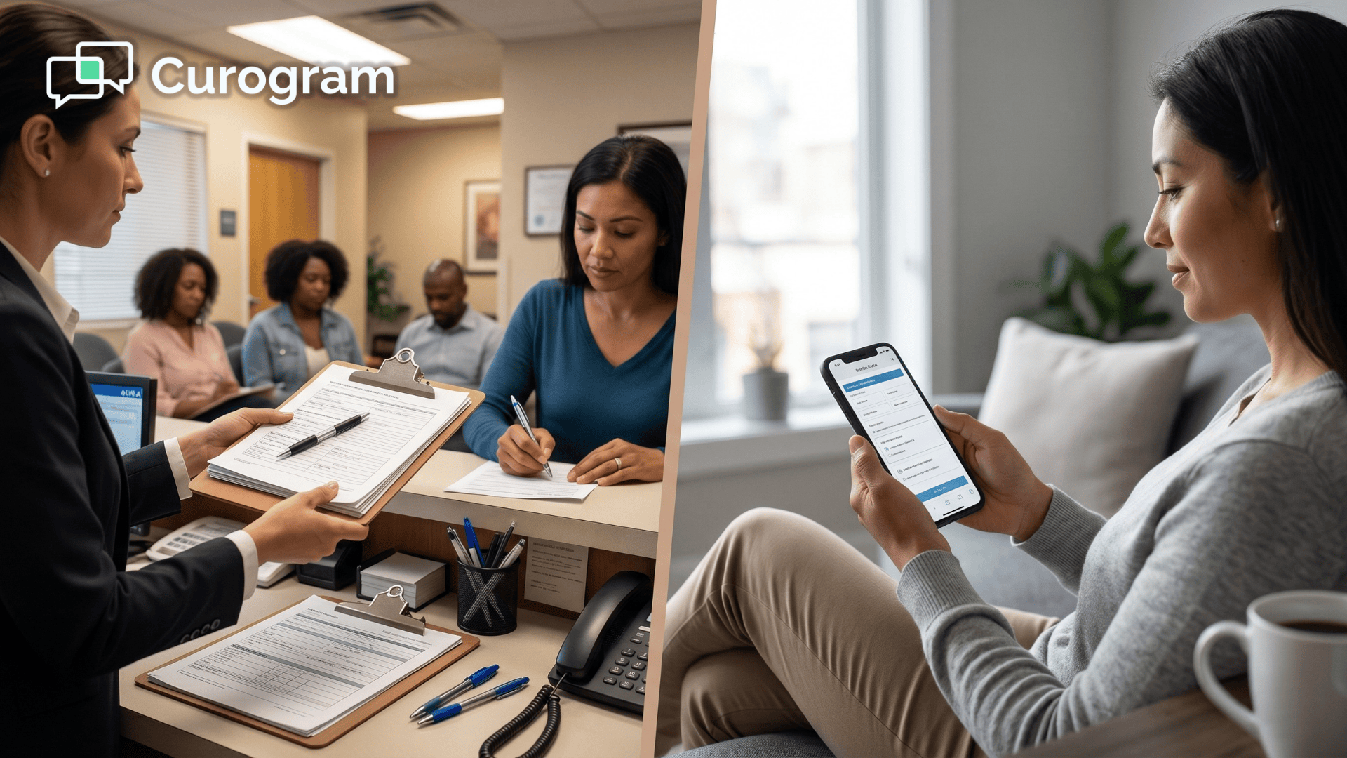  Patient using clipboard at medical front desk vs. completing Veradigm digital intake on phone at home