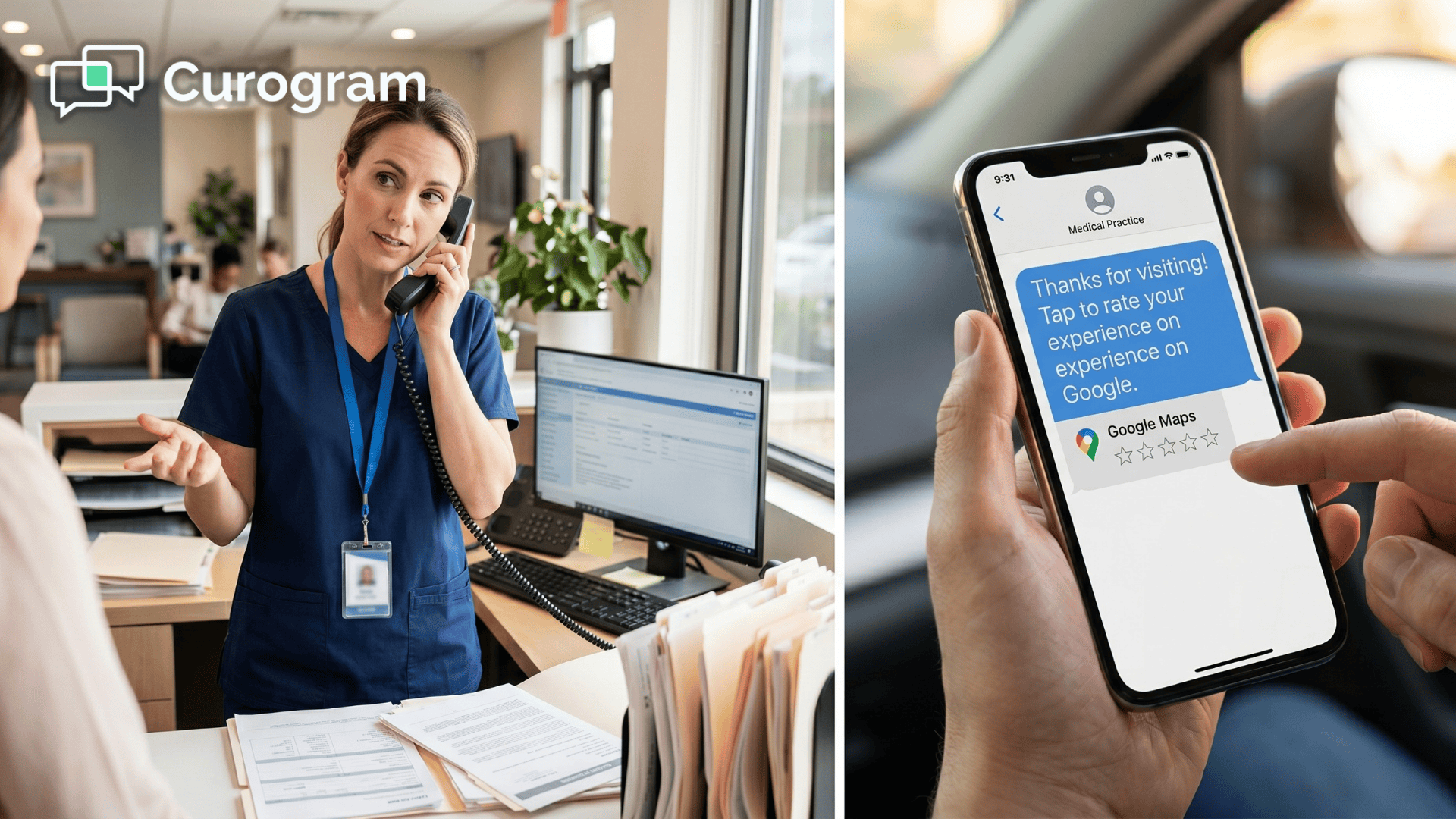 Front desk staff multitasking while patient receives Veradigm automated review request text on phon