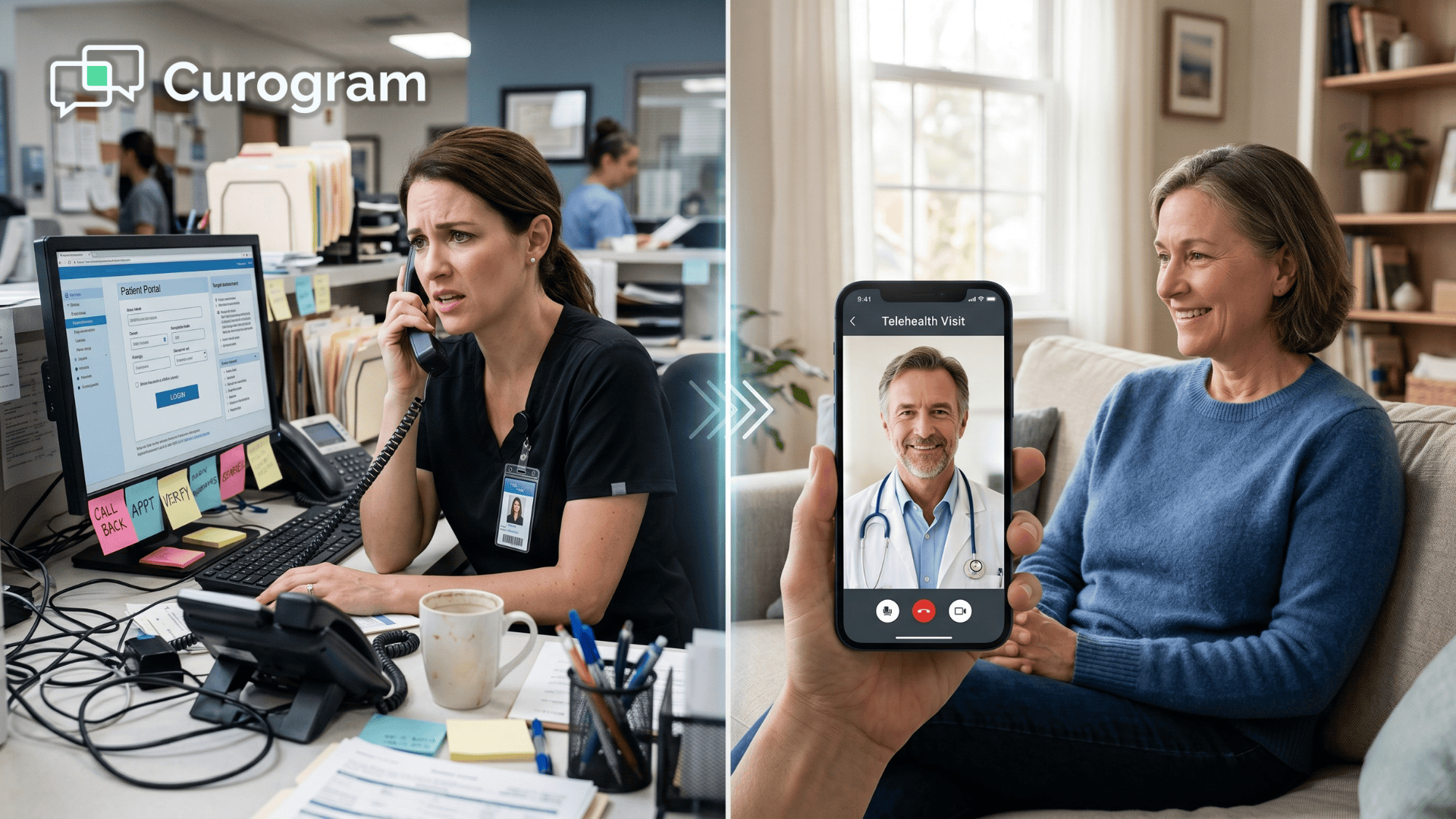 Front desk staff troubleshooting FollowMyHealth app beside patient joining a video visit via text link.