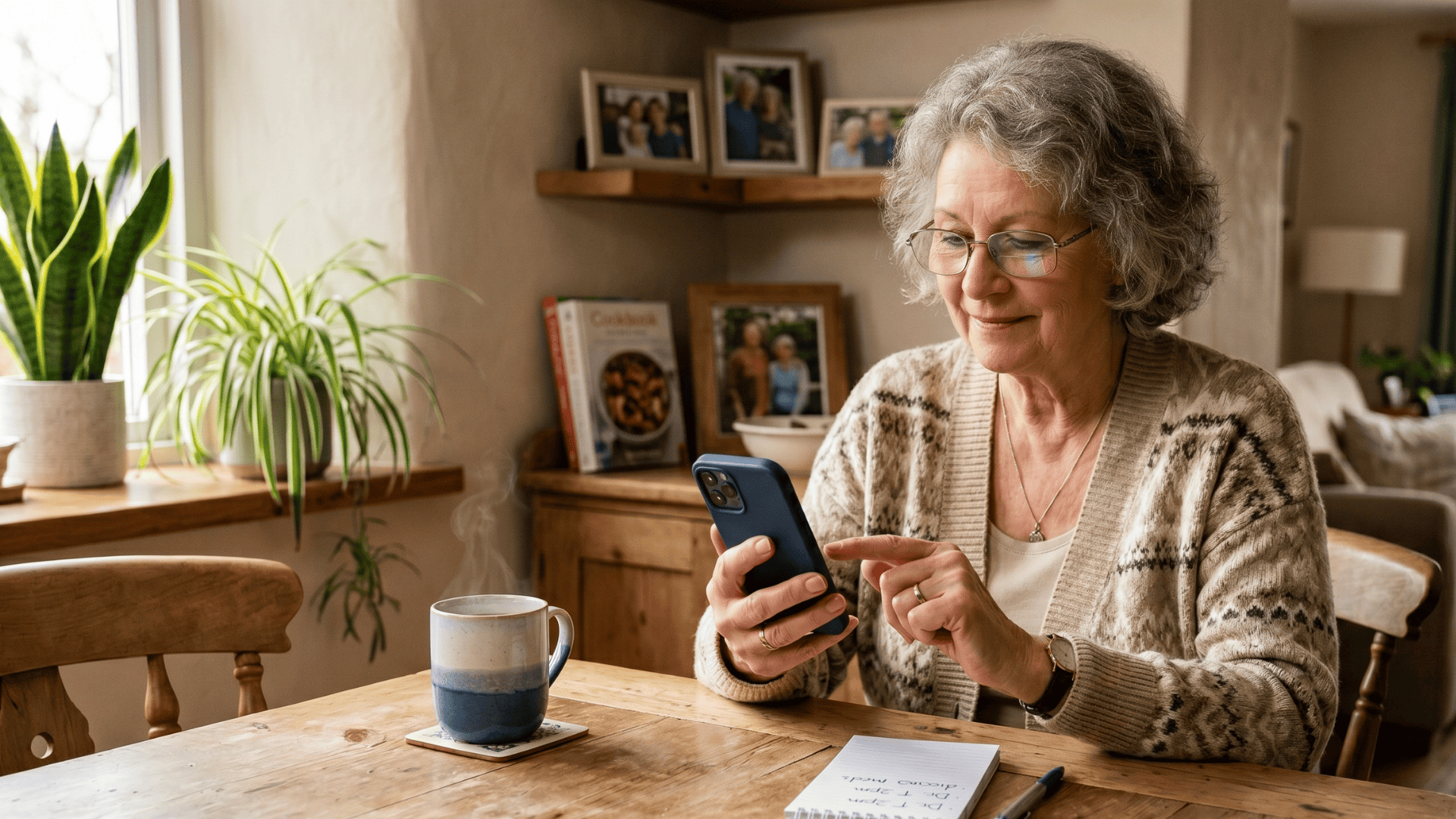 Older patient at home tapping a Curogram telehealth text link on smartphone to start a video visit.