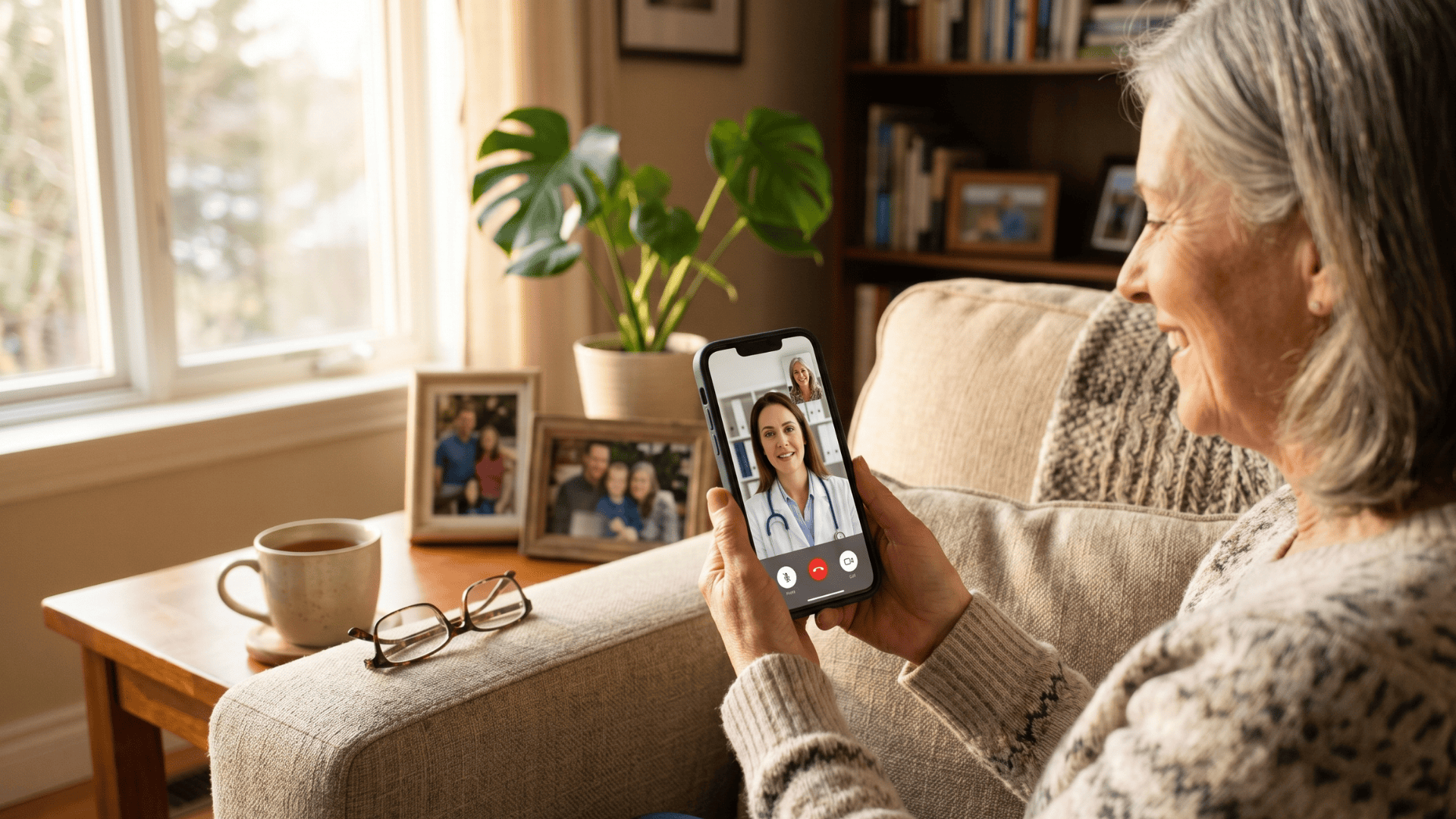 Older woman on a HIPAA video visit from her couch using a simple text link telehealth session.