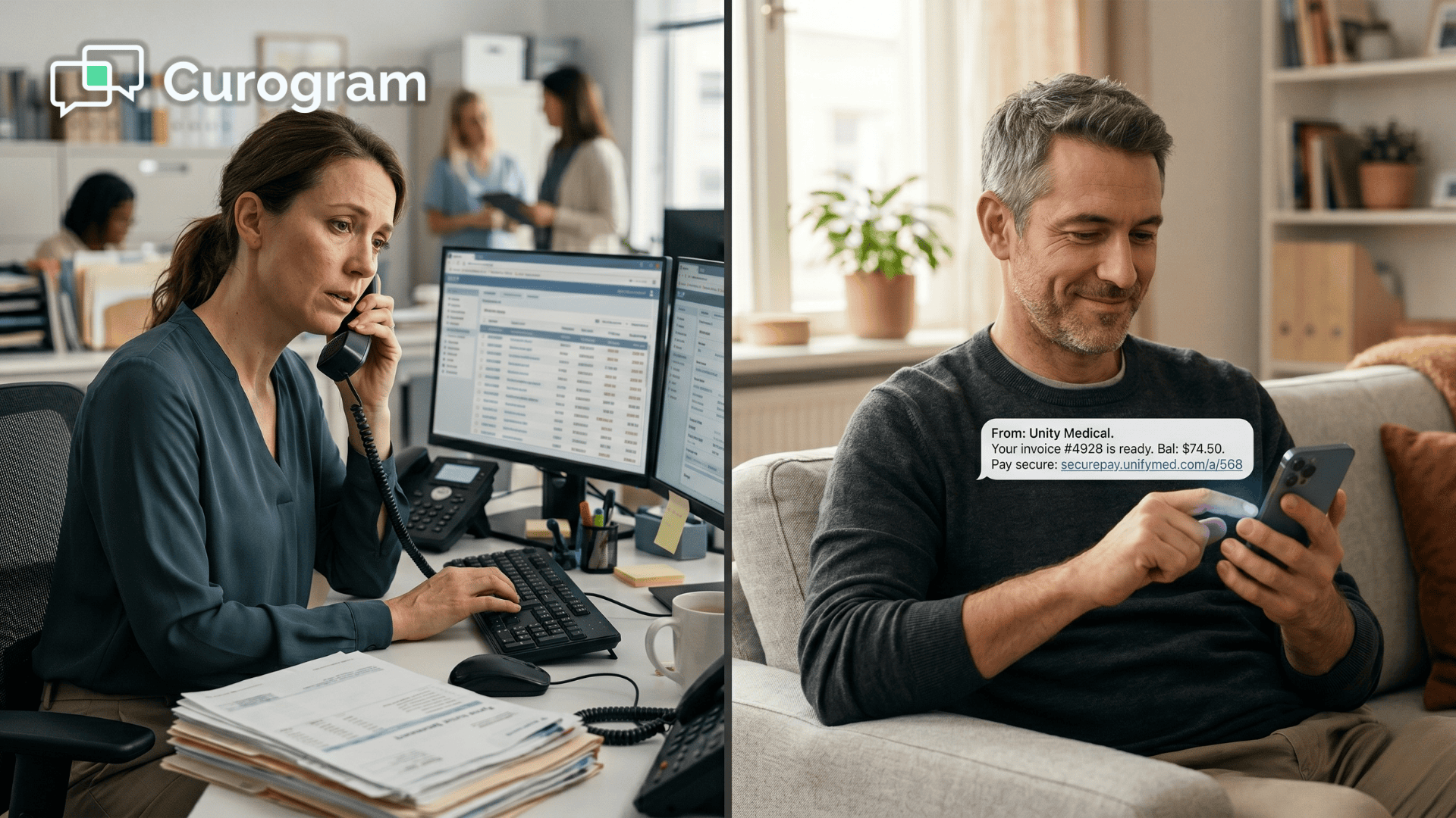 Billing staff on phone while patient pays balance through Veradigm EHR SMS payment link at home.