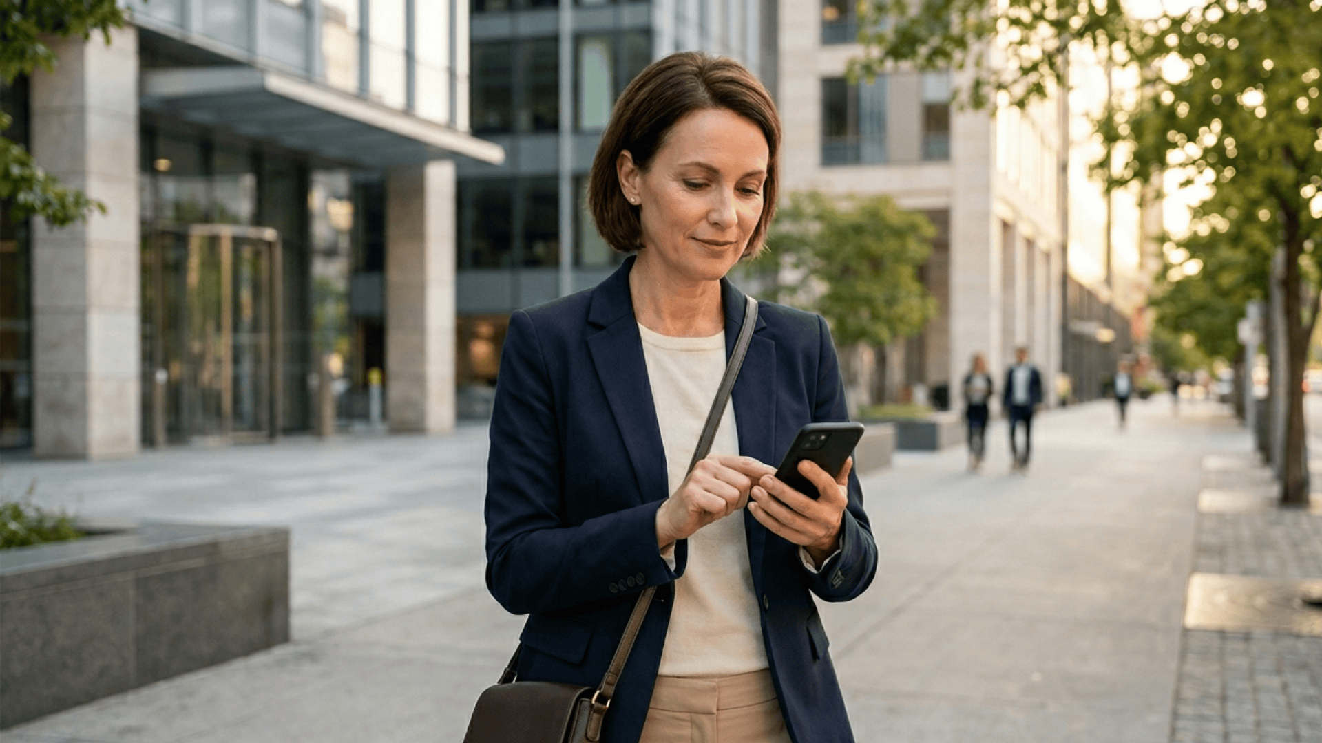 Patient reviewing a medical practice SMS payment link on her phone while out during the day.
