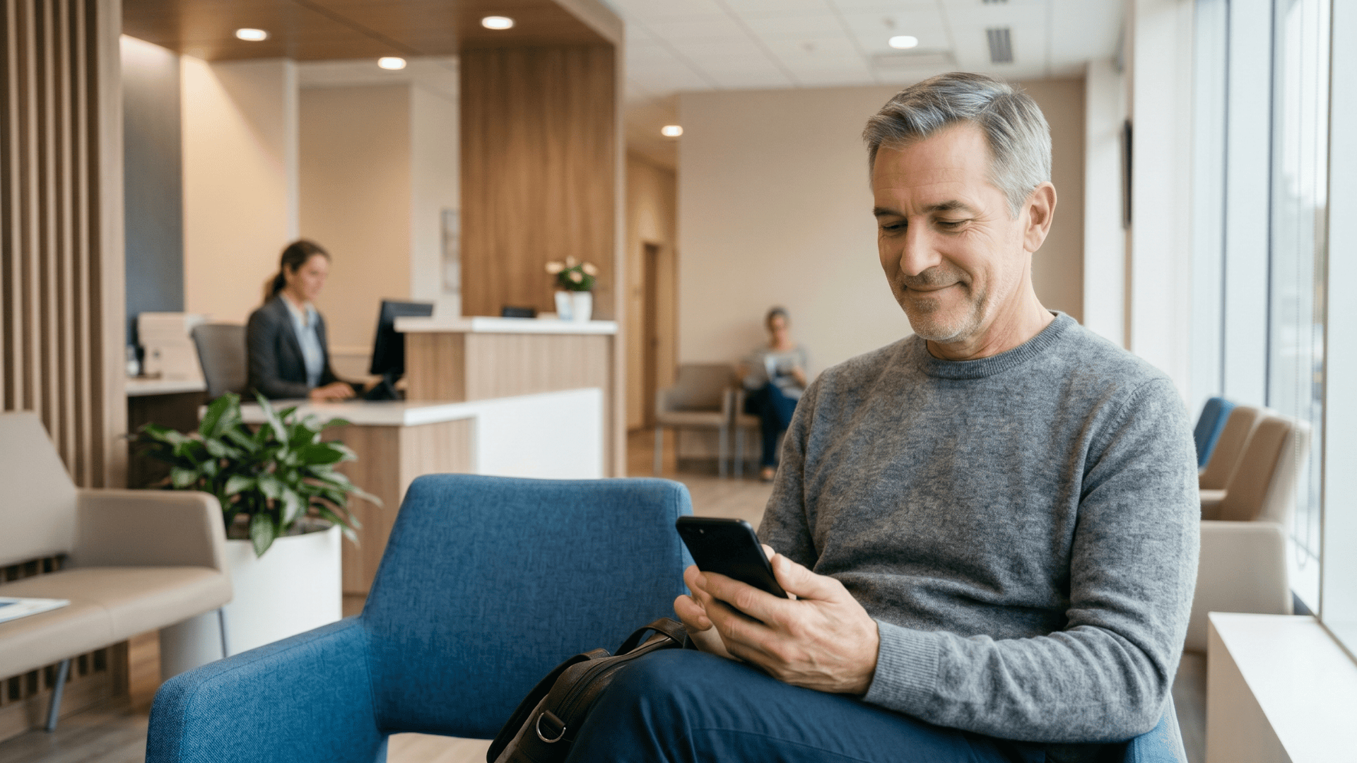 Patient reading appointment confirmation text in a medical waiting room