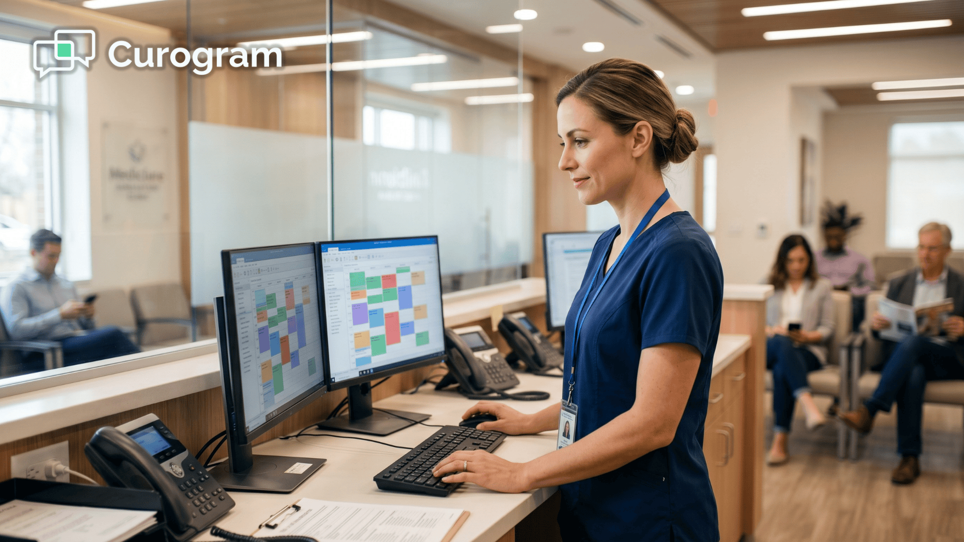 Medical receptionist managing patient appointments at a Veradigm practice front desk