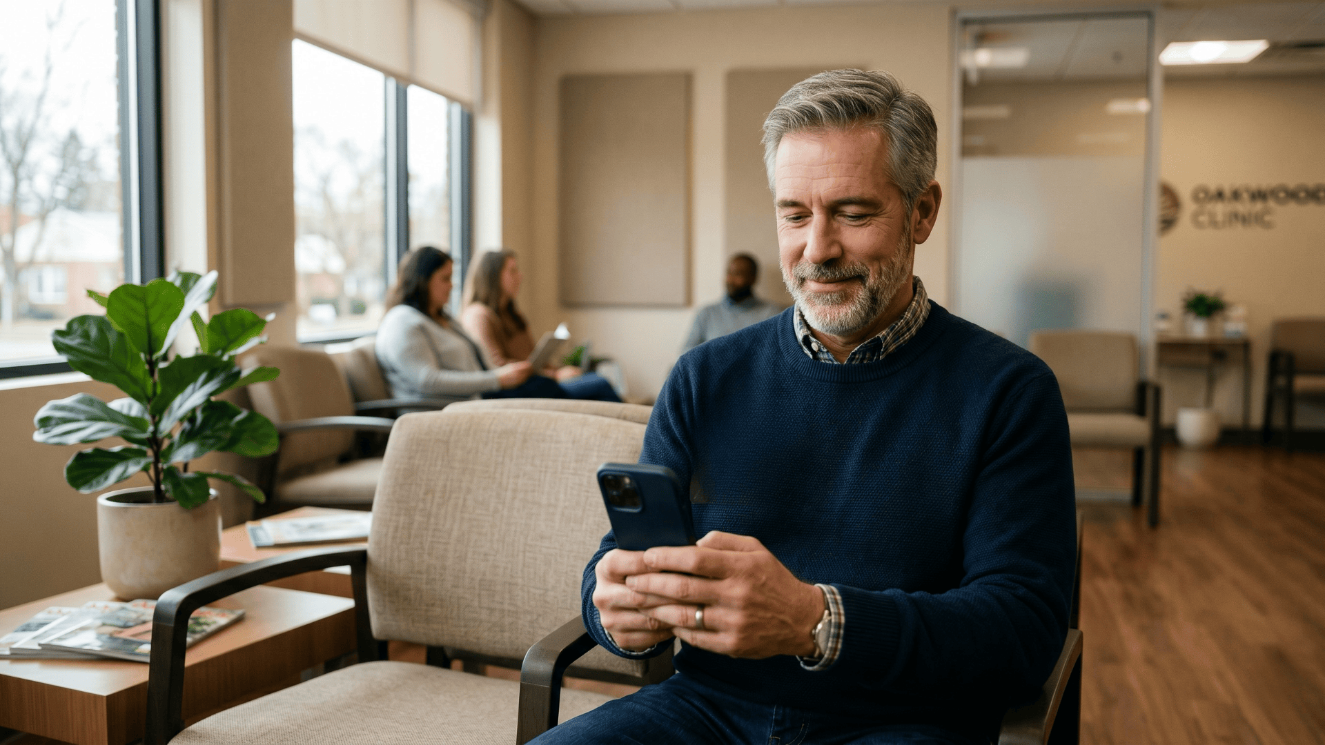 Patient confirming appointment via text message in a medical office waiting room