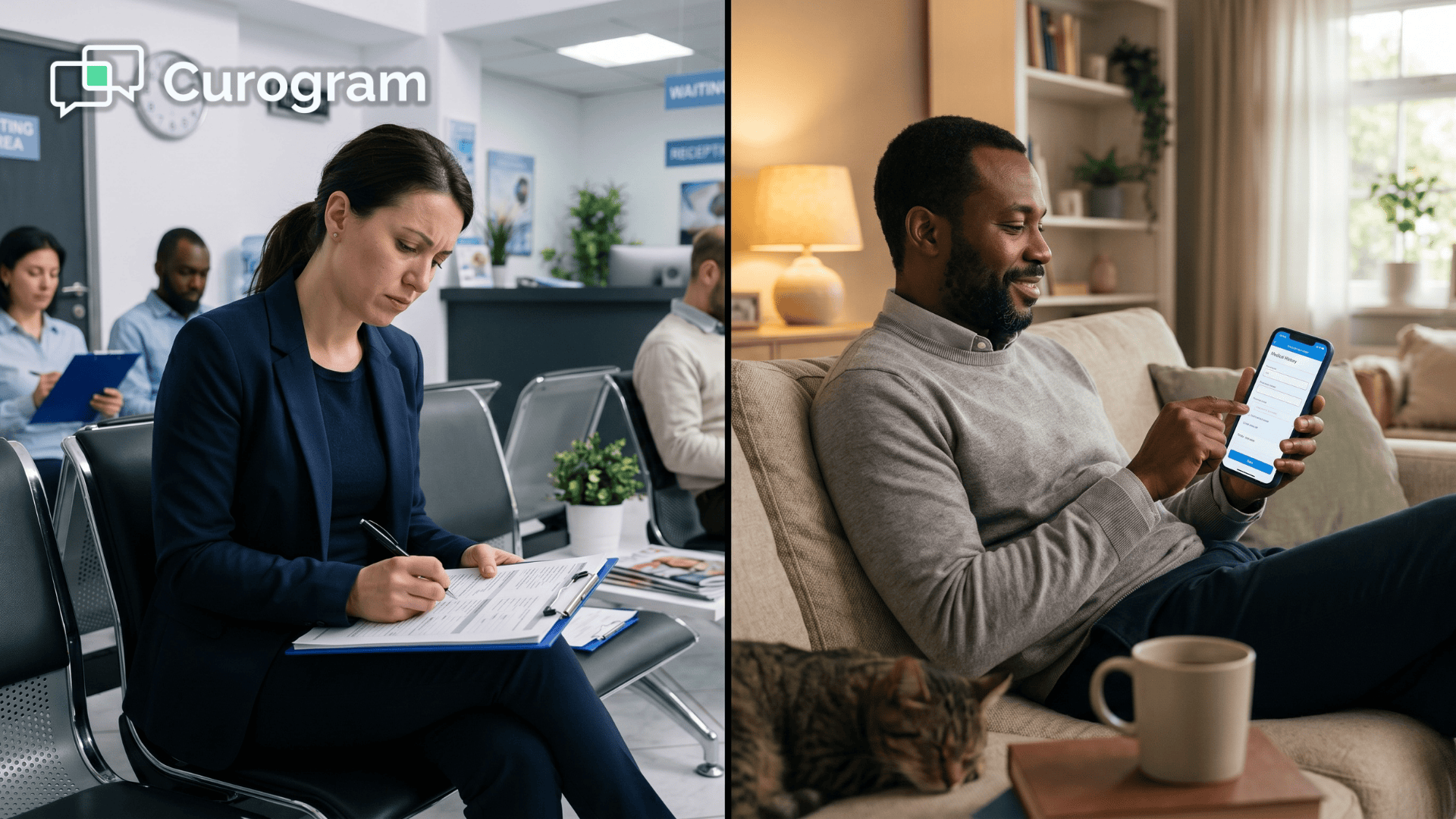 Patient filling out clipboard forms in a waiting room vs completing intake on a phone at home.