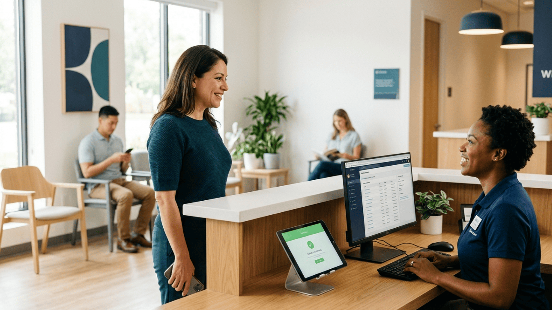 Medical front desk staff greeting a patient by name after text-delivered Veradigm intake forms.