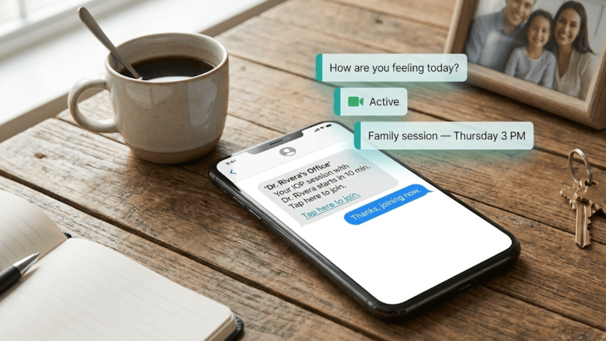 Overhead view of phone displaying session reminder text message with family photo and coffee mug nearby