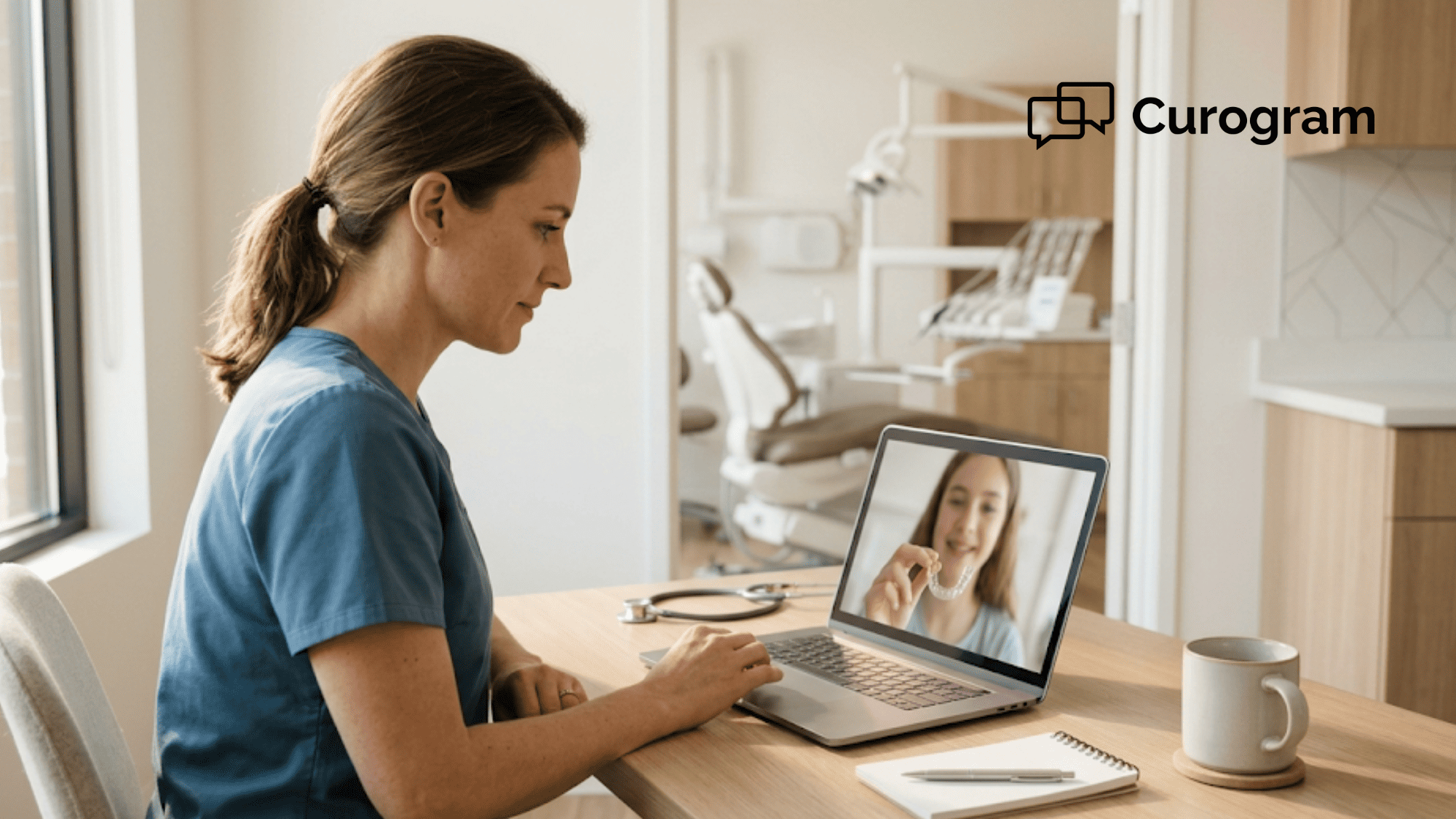 Orthodontist conducting a virtual retainer check on a laptop inside a modern ortho practice