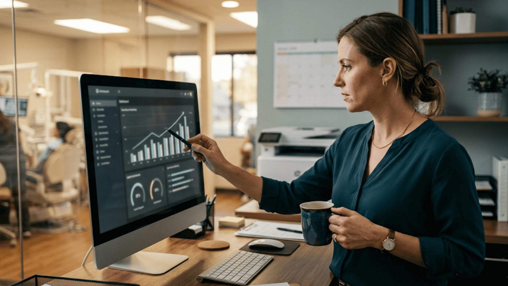Practice manager reviewing a virtual visit dashboard with charts inside an orthodontic office