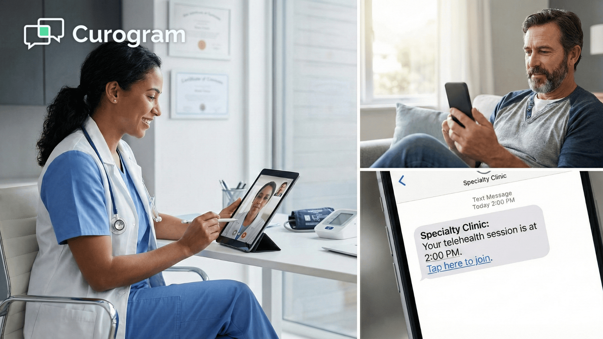 Doctor conducting GE Centricity telehealth visit with patient via SMS-based video consultation