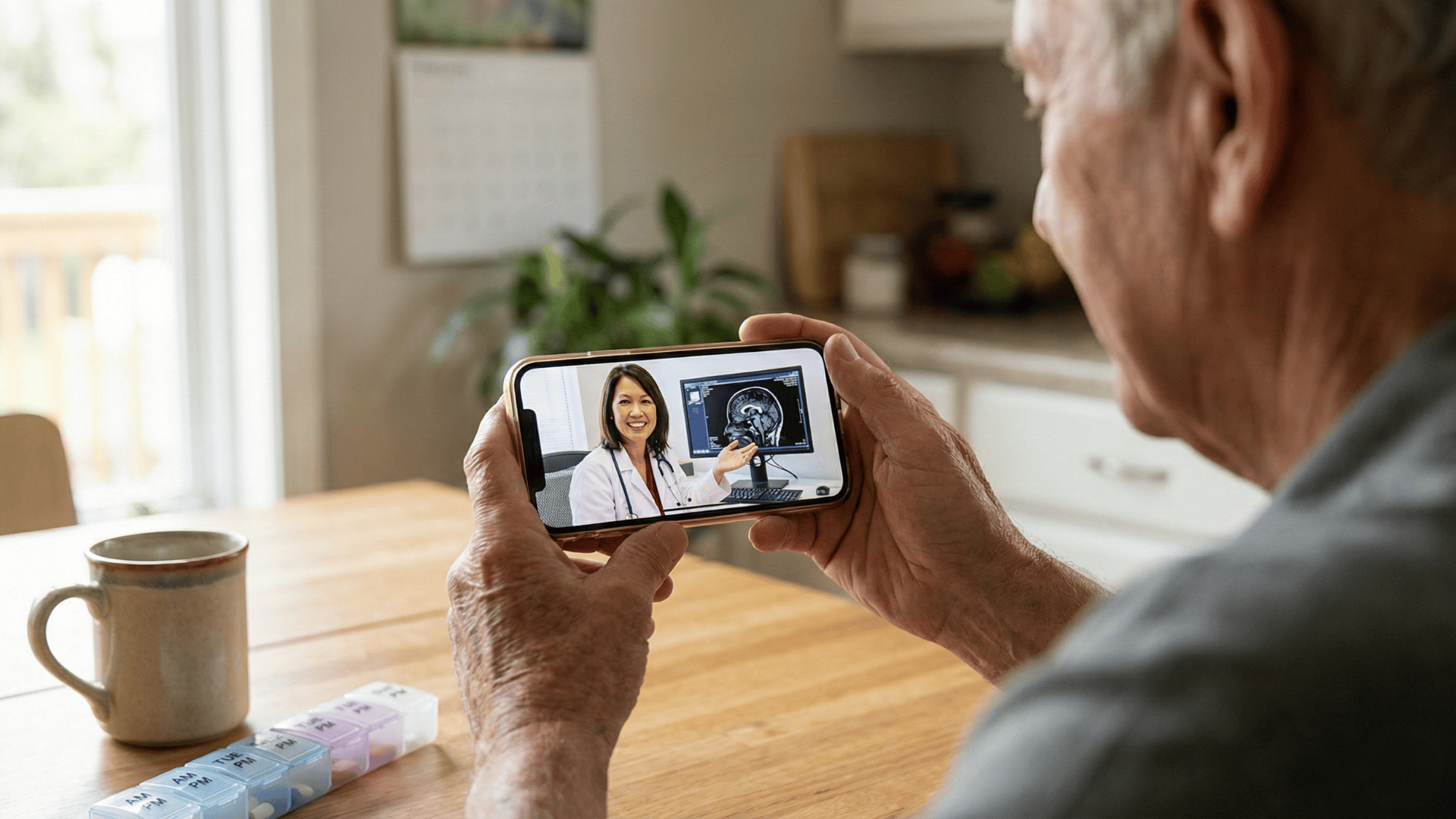 Patient at home viewing cardiologist on smartphone during virtual MRI results consultation