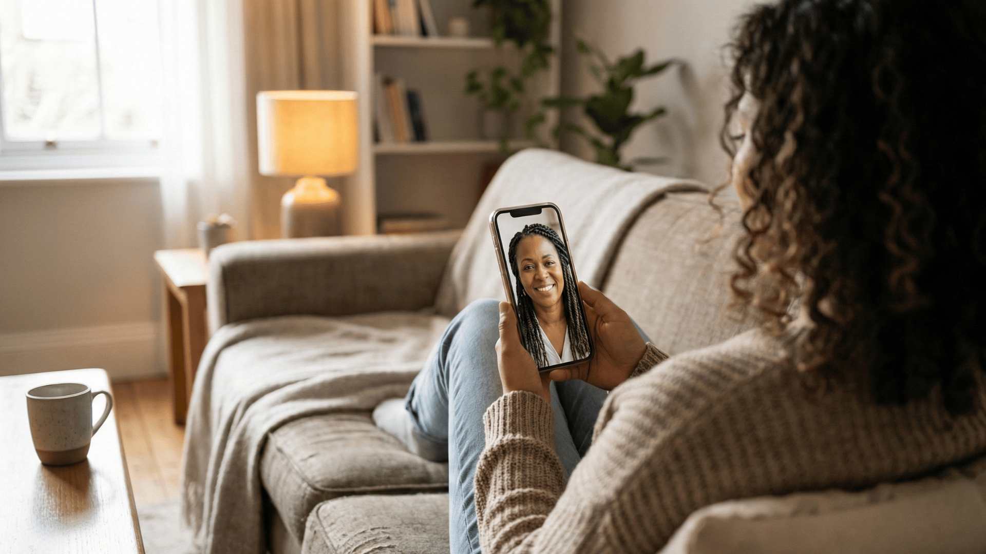 Patient joining a telehealth counseling session from home on her phone