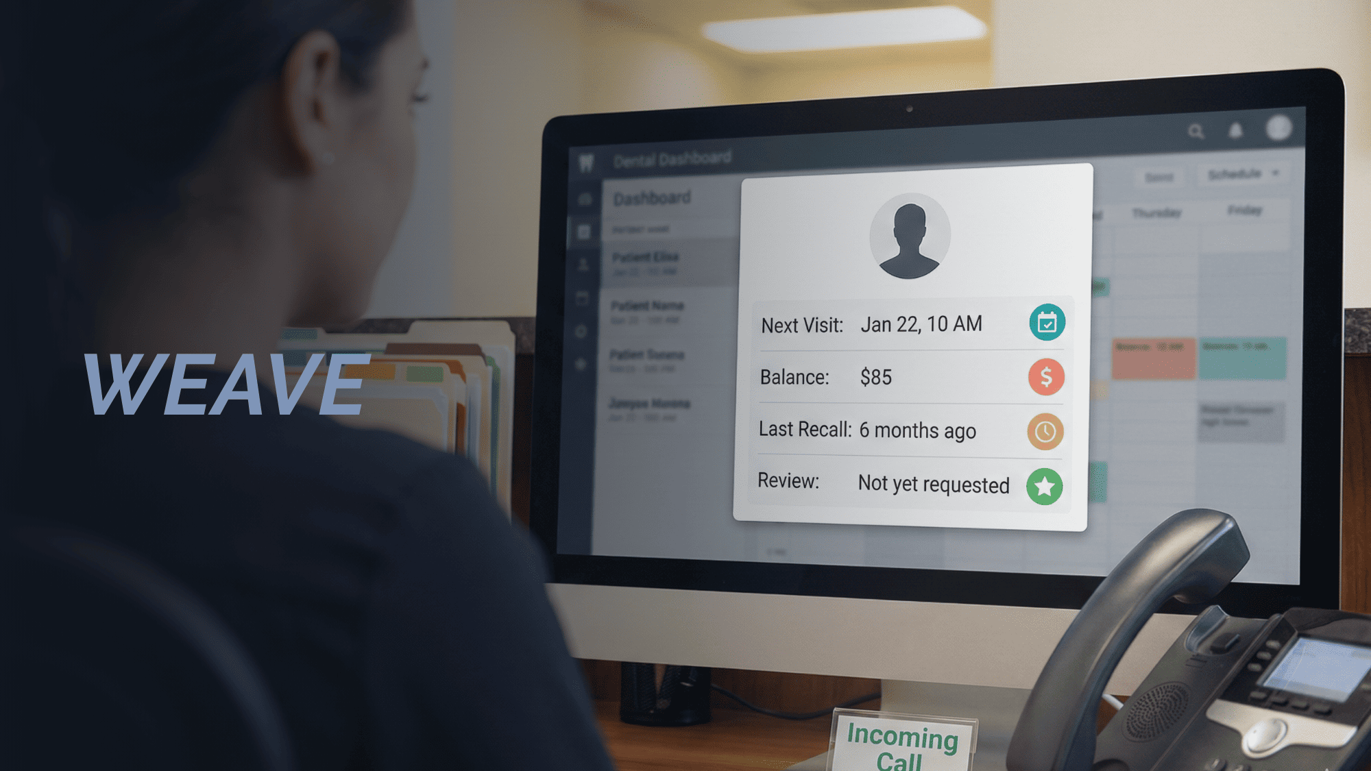 Call pop feature displaying patient balance visit history and recall status during a live call