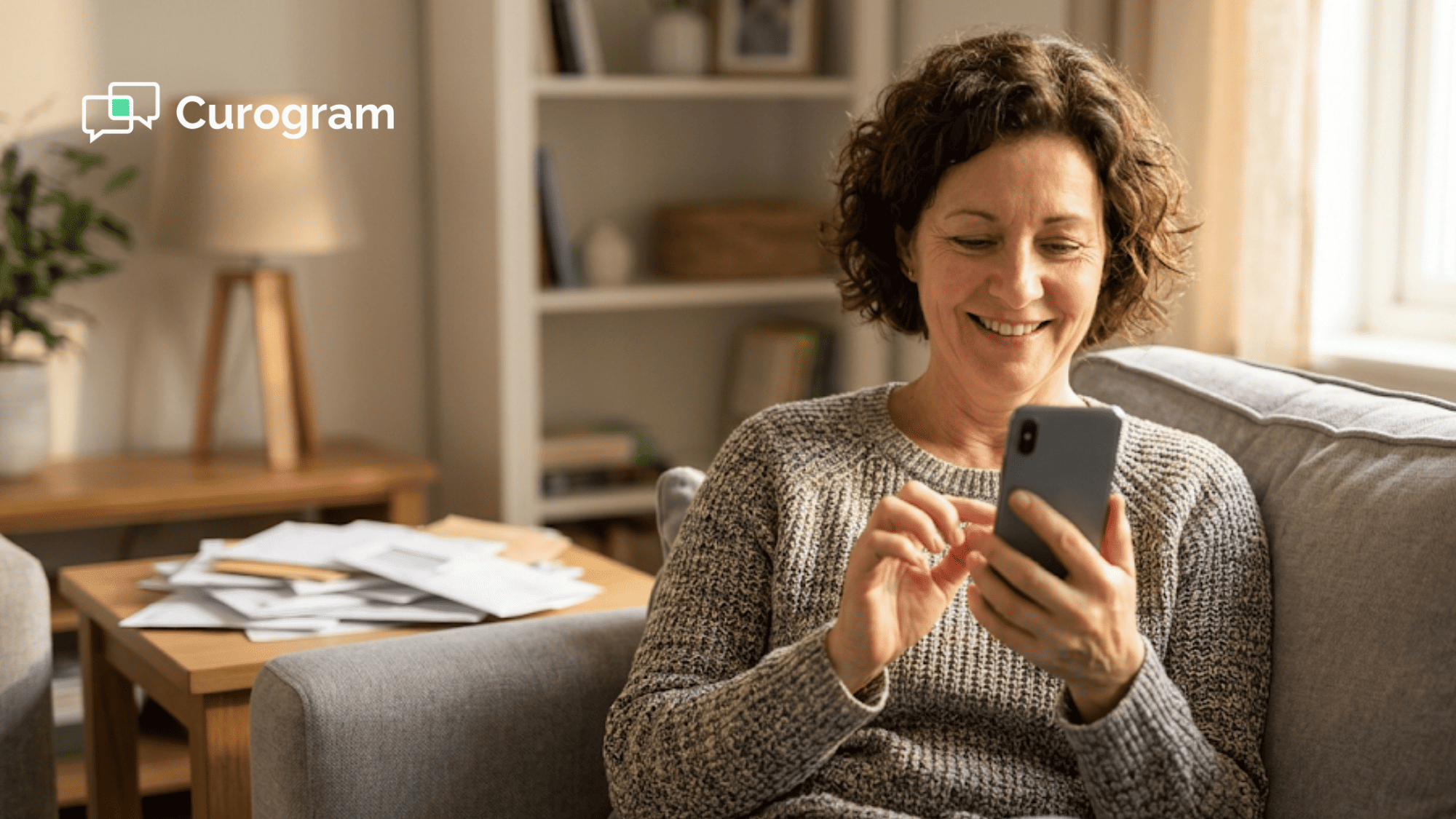 Patient settling a doctor's bill by text on her phone at home instead of dealing with paper statements and portal logins