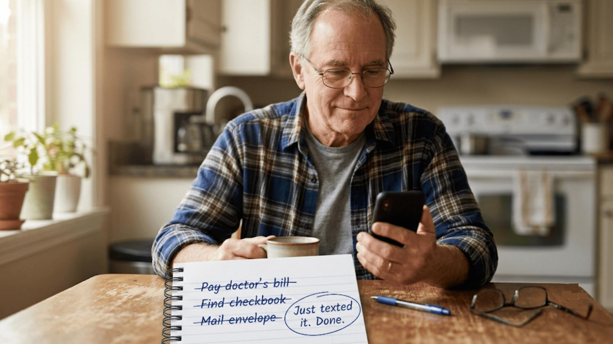 Senior patient showing how two-tap text-to-pay replaced finding a checkbook and mailing an envelope to pay a medical bill