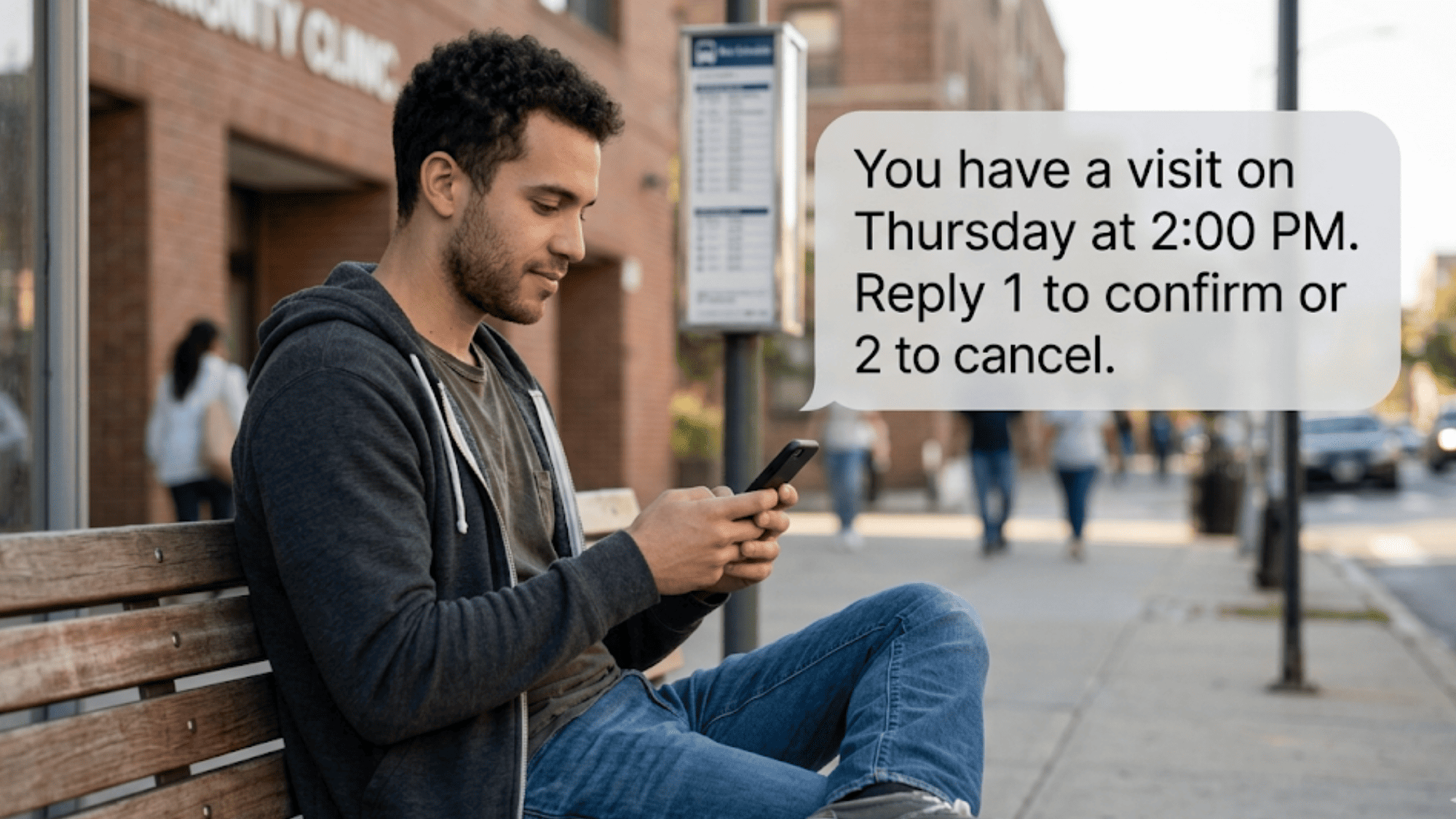 Young man reading an automated SMS appointment reminder on his phone at a bus stop