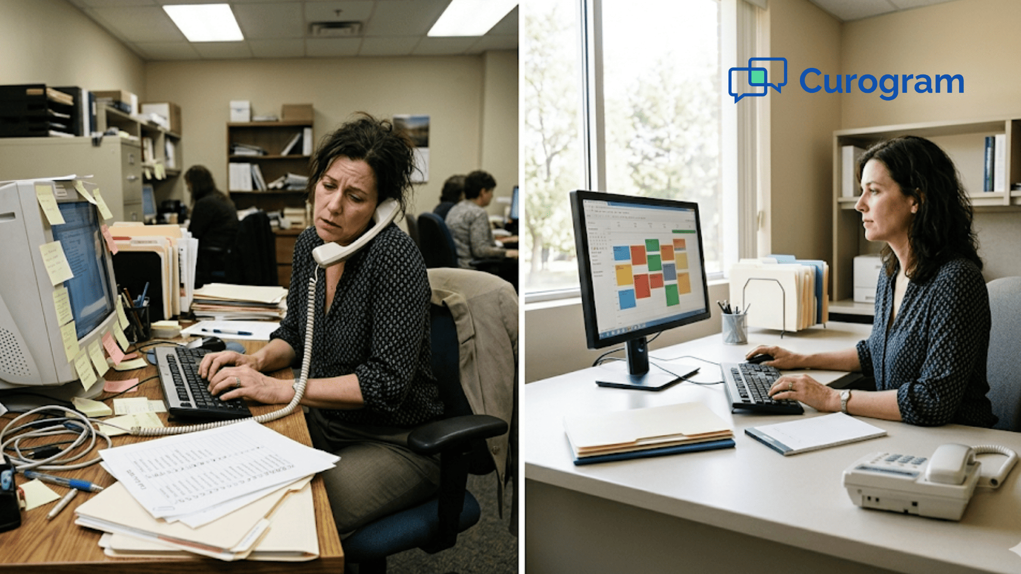 Human services staff overwhelmed by phone calls compared to organized desk with automated system