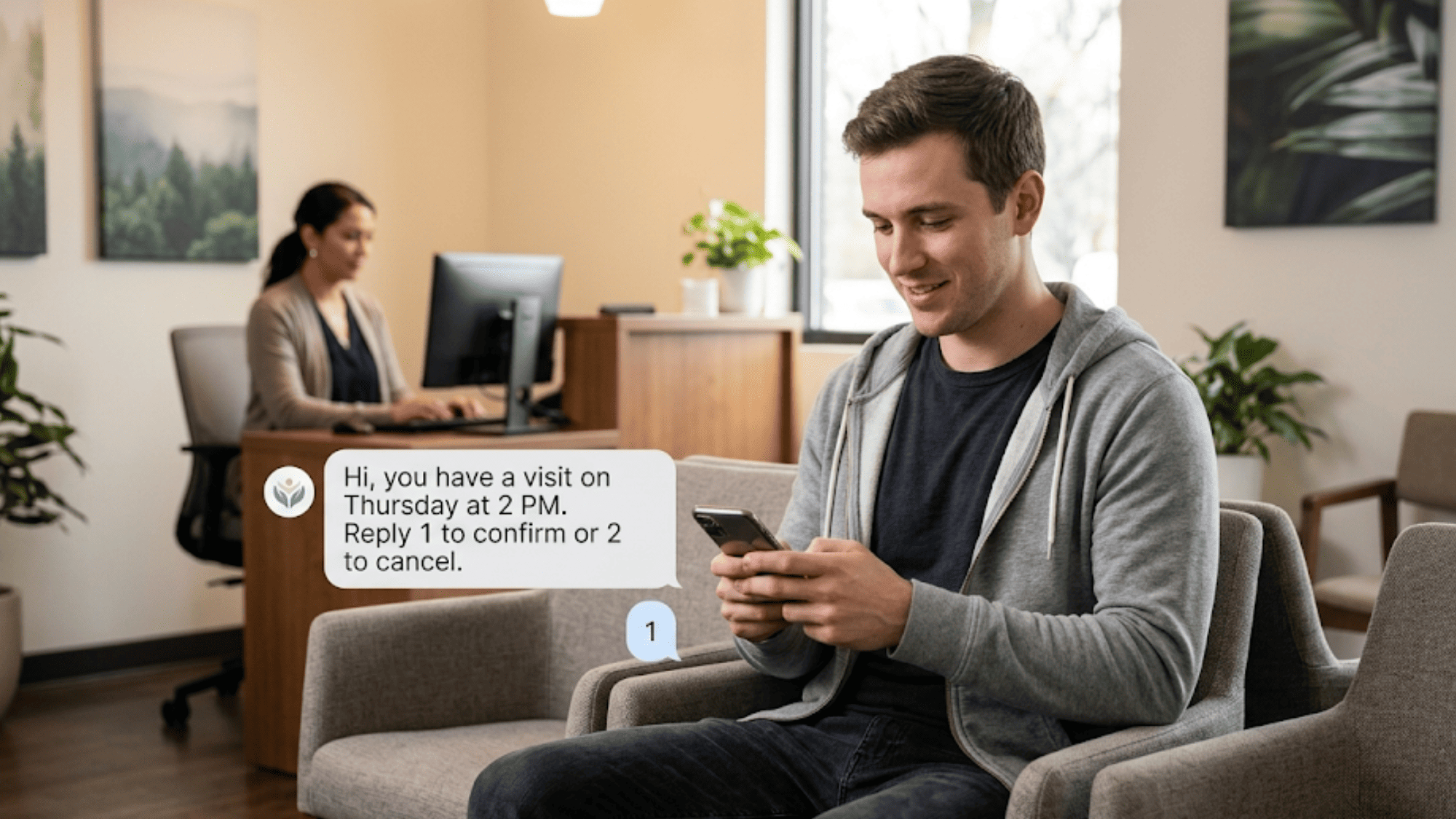 Young man confirming appointment via text message with floating chat bubbles in clinic waiting area