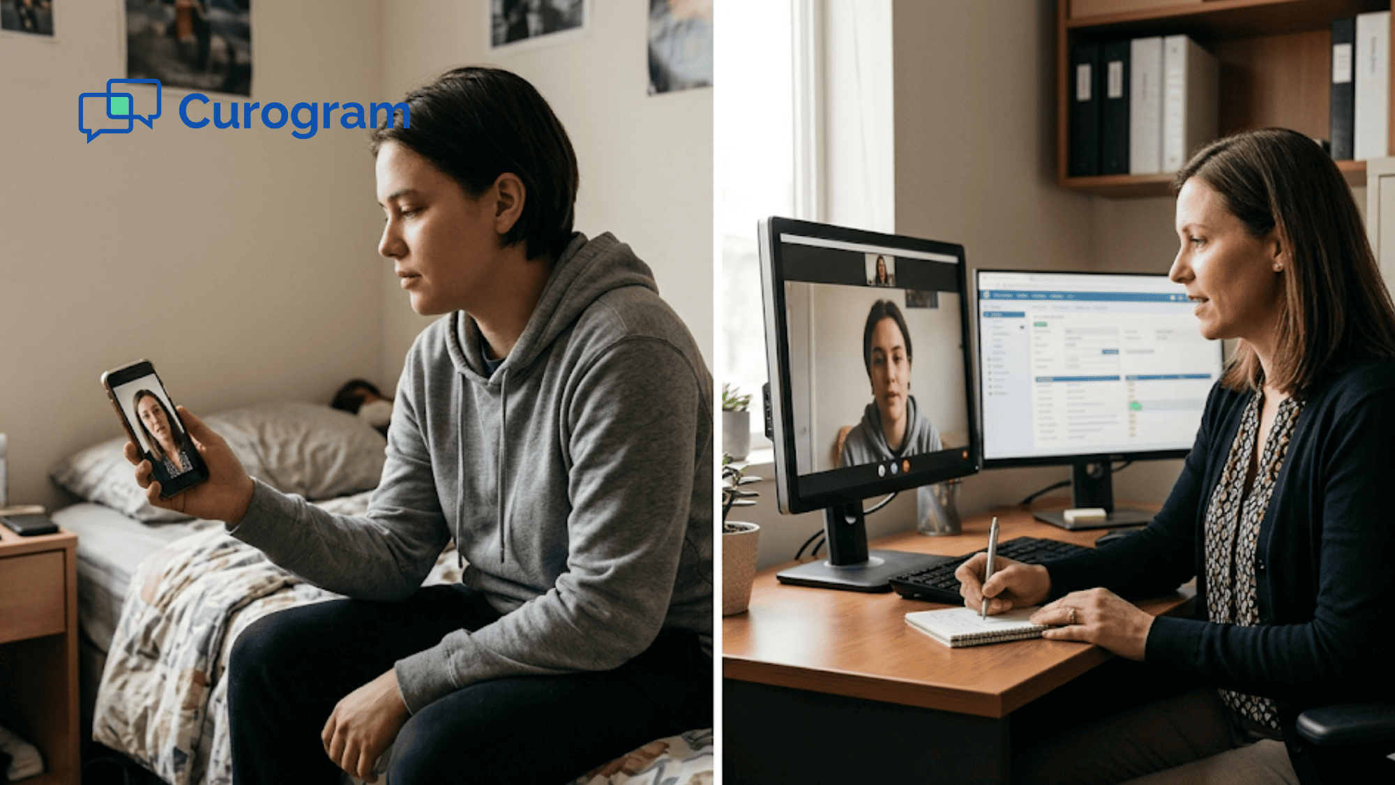 Split view of a behavioral health video session between a case manager at her desk and a client on a smartphone
