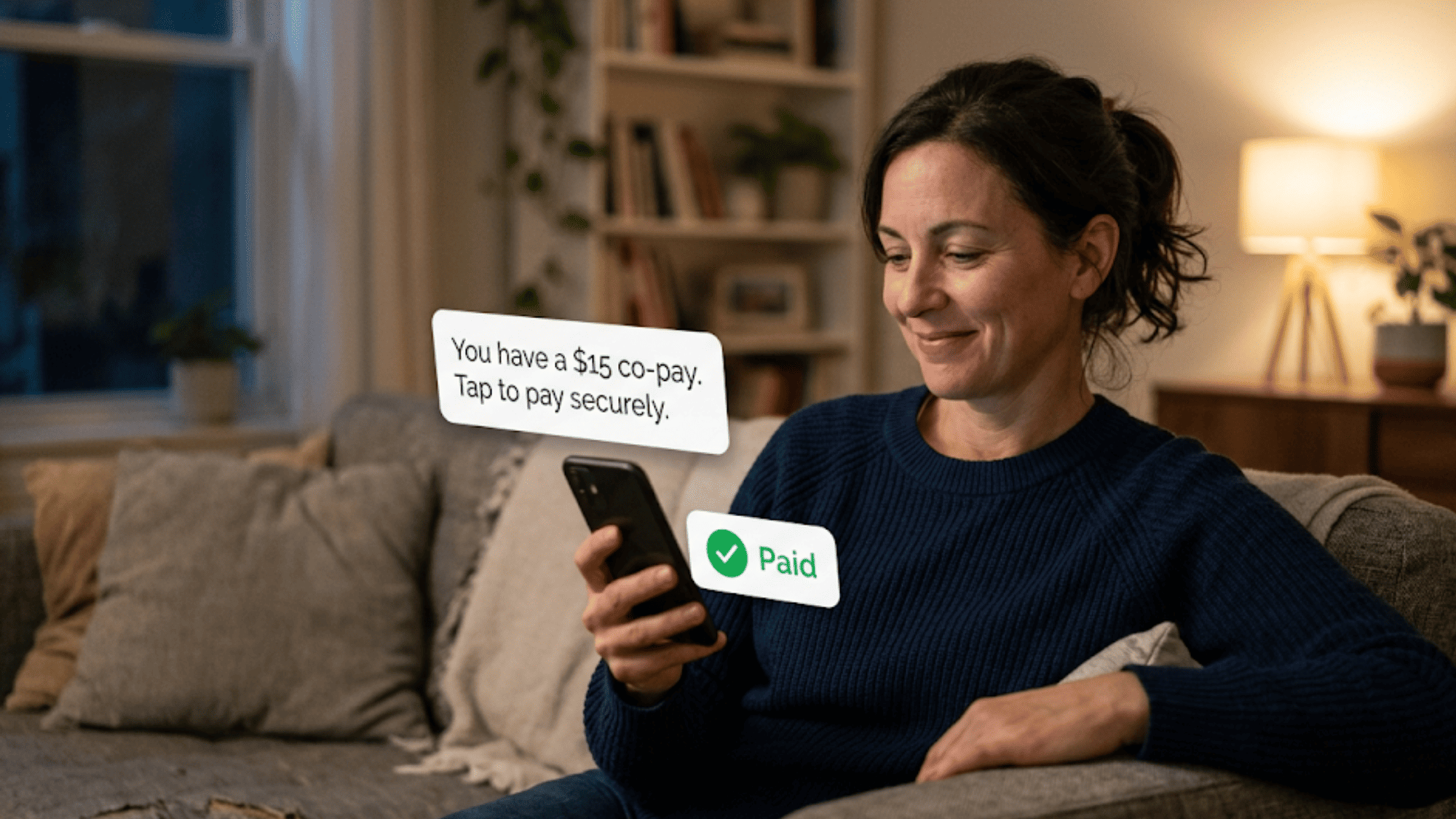 Woman at home paying a co-pay from her phone after receiving a secure text-to-pay link