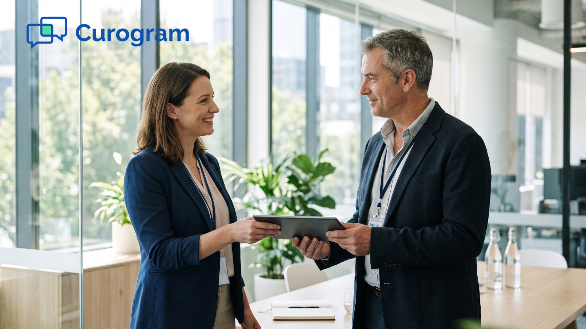Clinic manager shares audit-ready records with a compliance auditor in a bright meeting room
