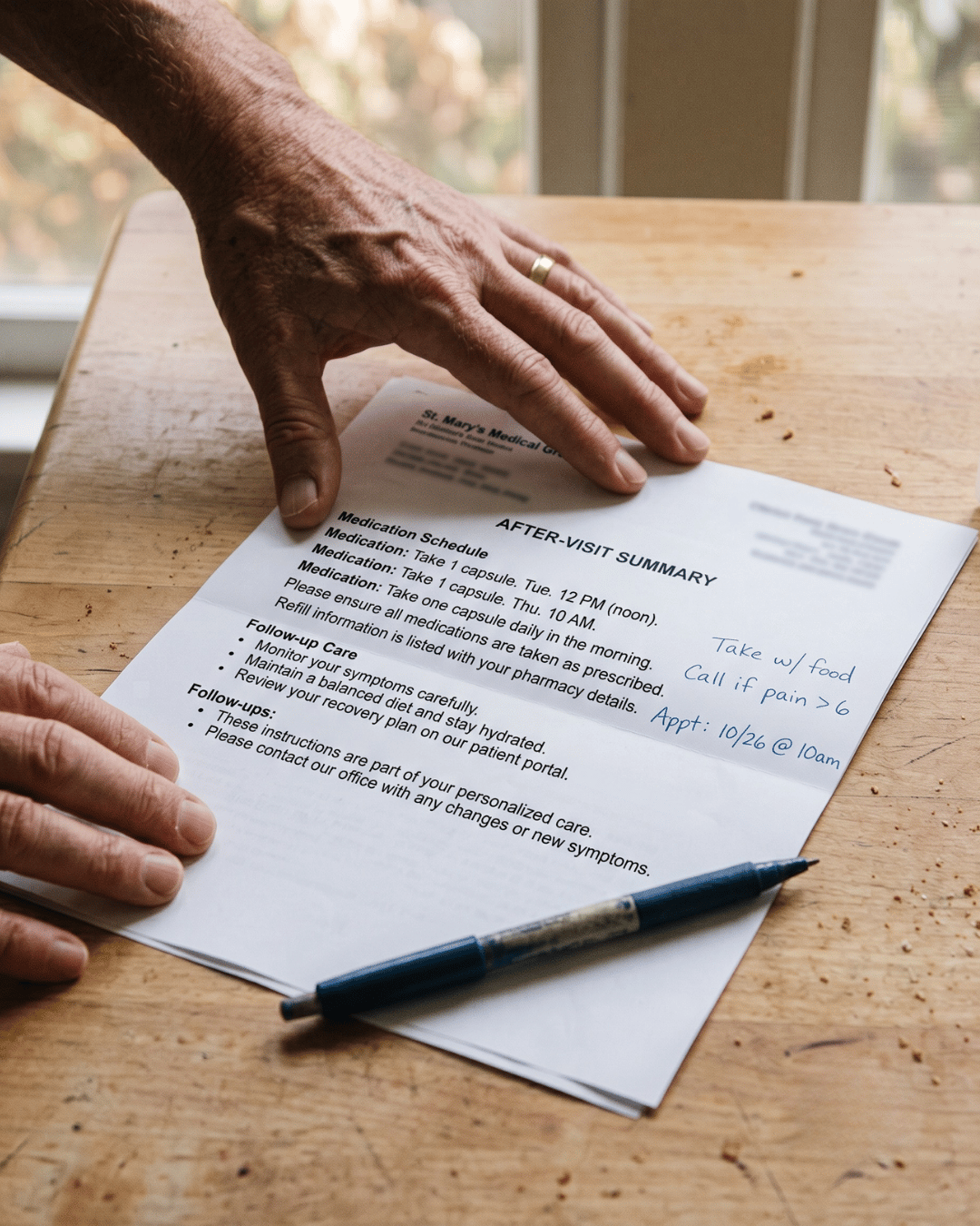 Patient reviewing after-visit care instructions at home, a key driver of patient satisfaction