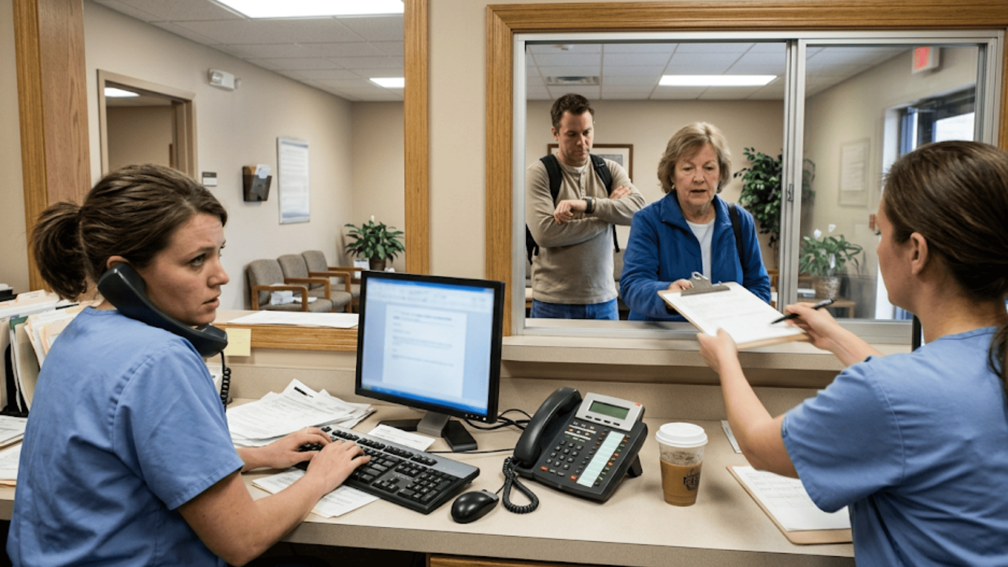 Busy medical front desk staff juggling phone calls and paper forms while patients wait in line at the check-in window