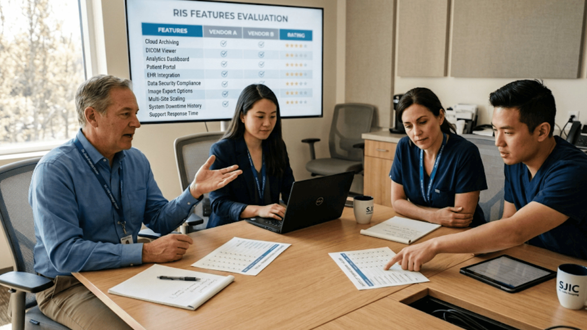 Radiology team comparing RIS software vendors on a wall display during a system evaluation meeting 