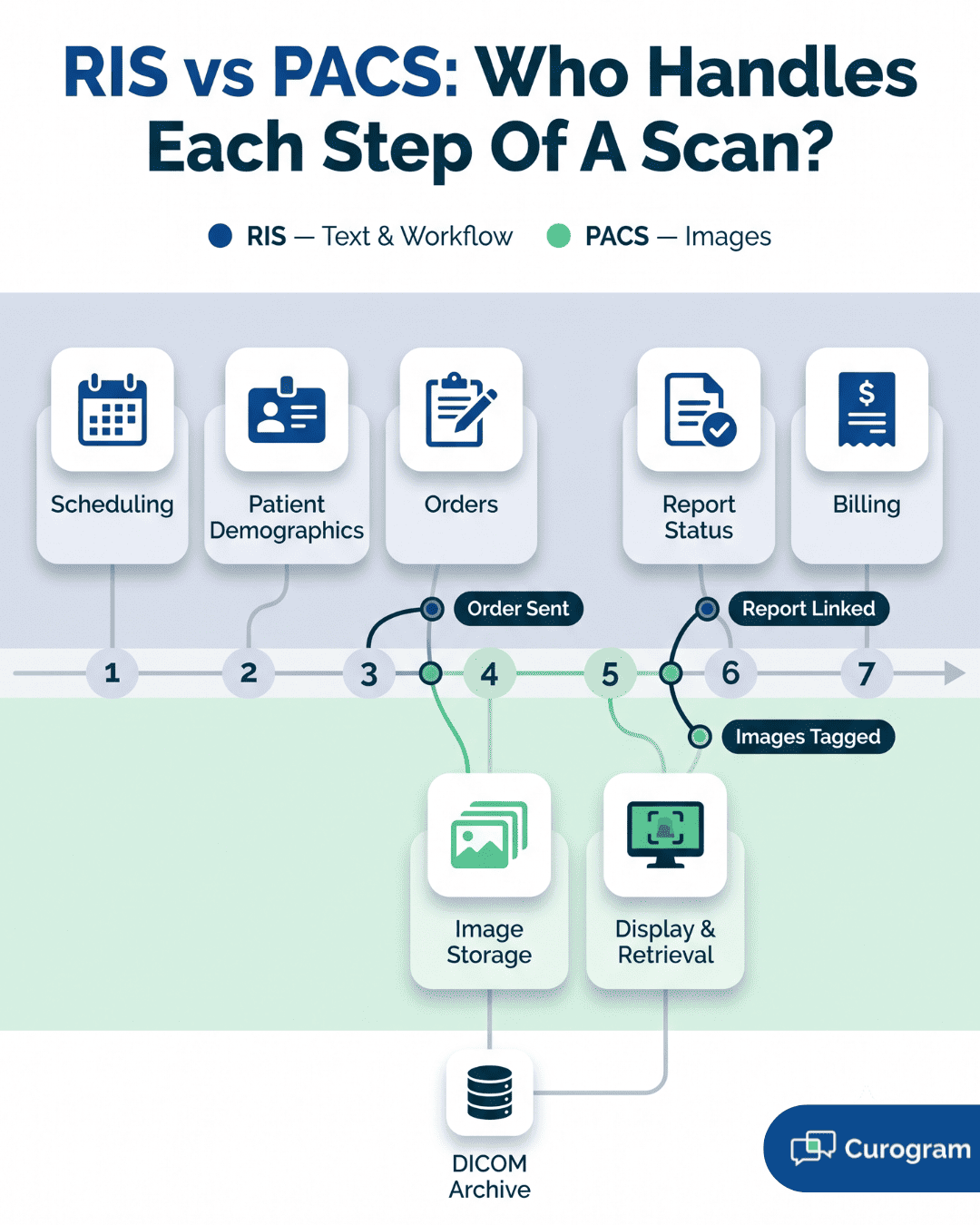RIS vs PACS comparison infographic showing which system handles each step of a radiology exam from scheduling to billing