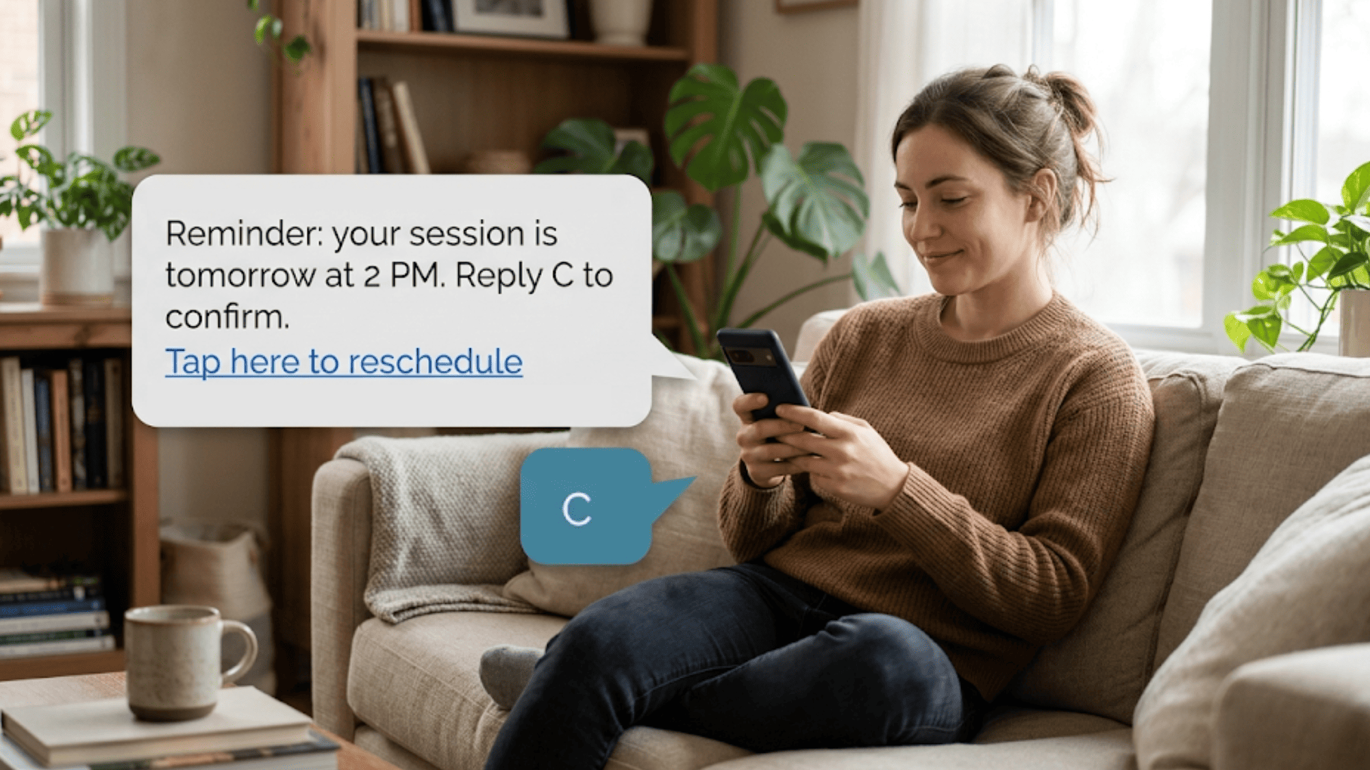 Patient confirming a therapy appointment by two-way text reminder