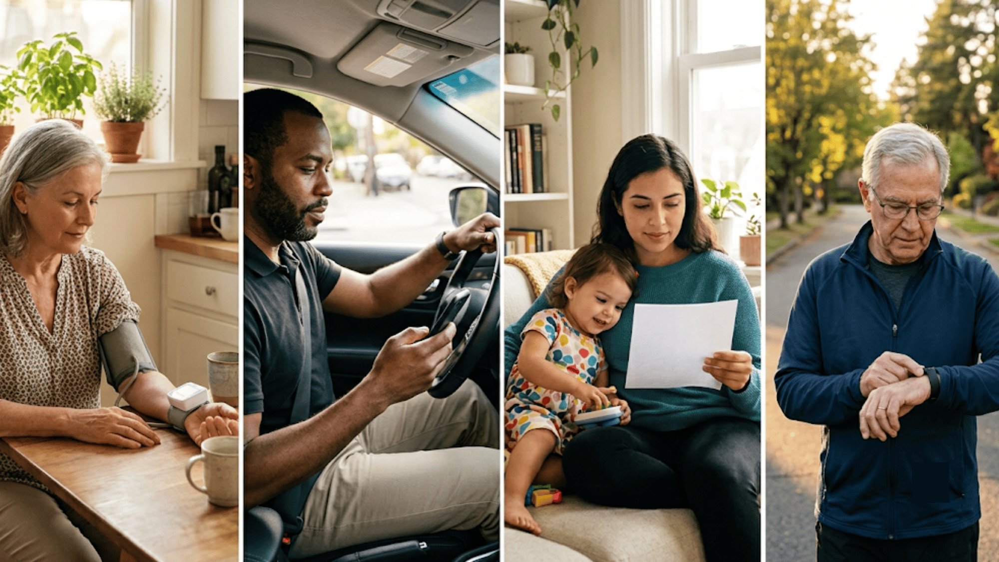 Four patients managing their health at home, in a car, and outdoors