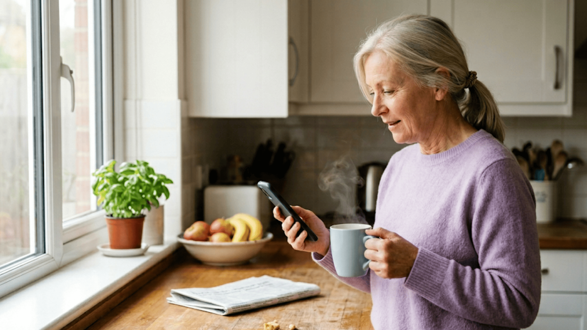 Woman in her 60s reading an oncology surveillance appointment text reminder while standing in her kitchen