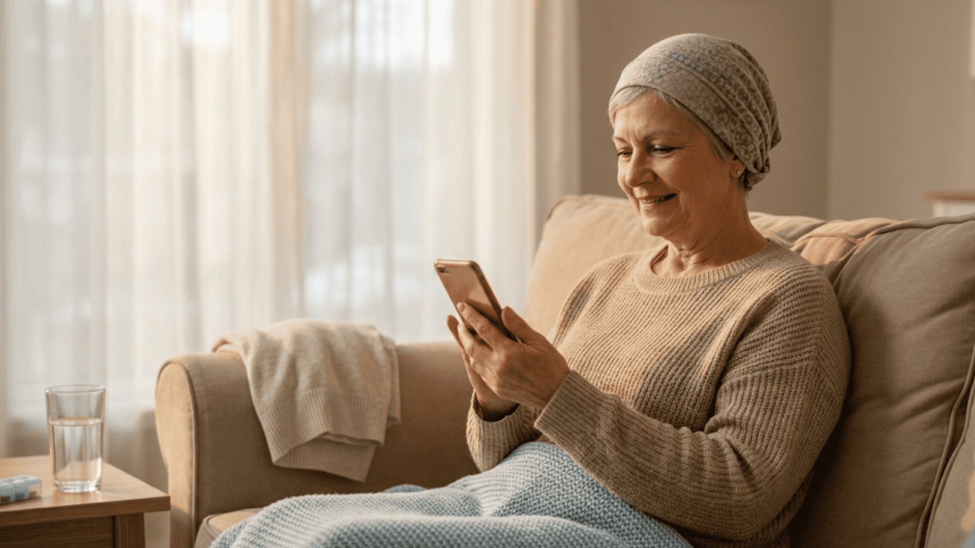 Senior chemo patient on a couch checking a HIPAA-compliant text update from her oncology practice