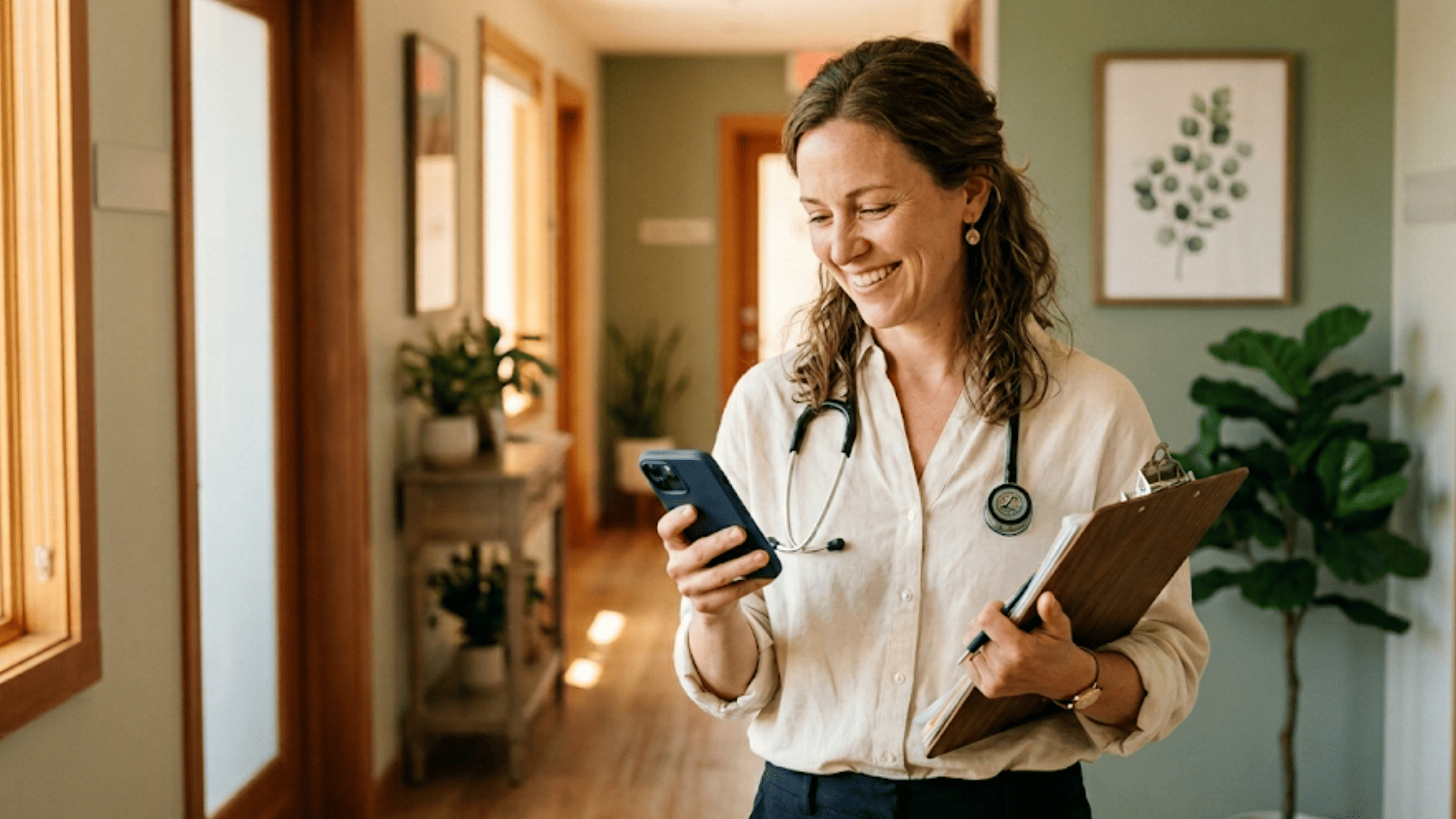 Integrative medicine practitioner reading a patient text between appointments in a sunlit boutique clinic hallway