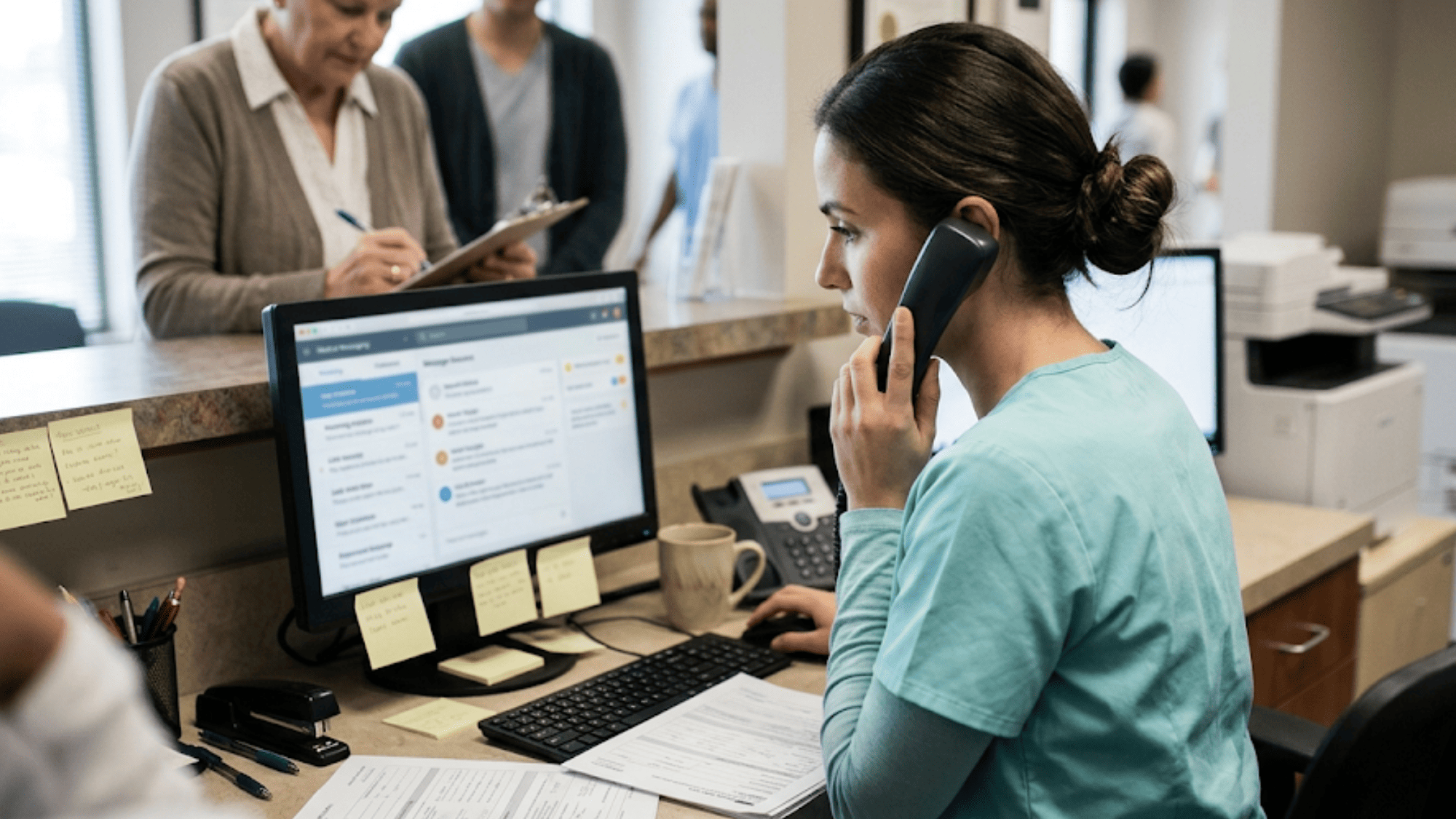 Front desk staff handling phone calls and patient messages at a busy medical clinic reception