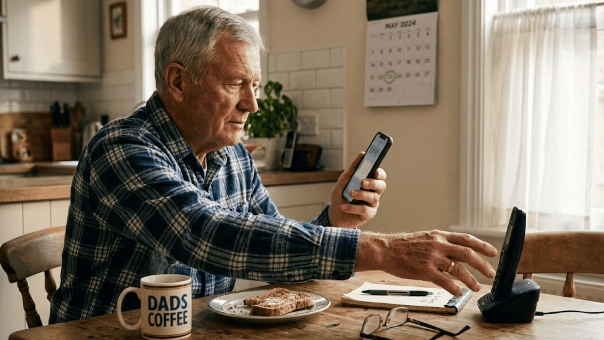 Elderly man reading a vascular follow-up imaging text reminder while reaching for his landline phone to call the clinic